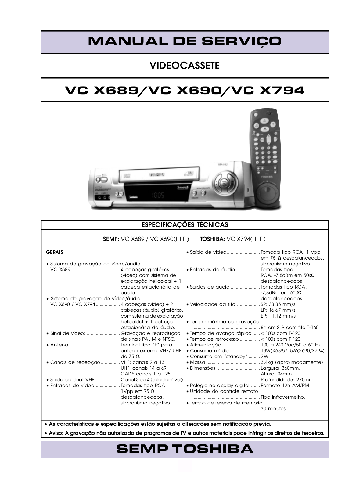 Toshiba VCX689, VCX690, VC X794 Service Manual
