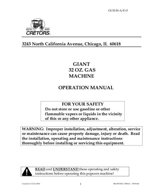 Cretors G32G Installation Manual