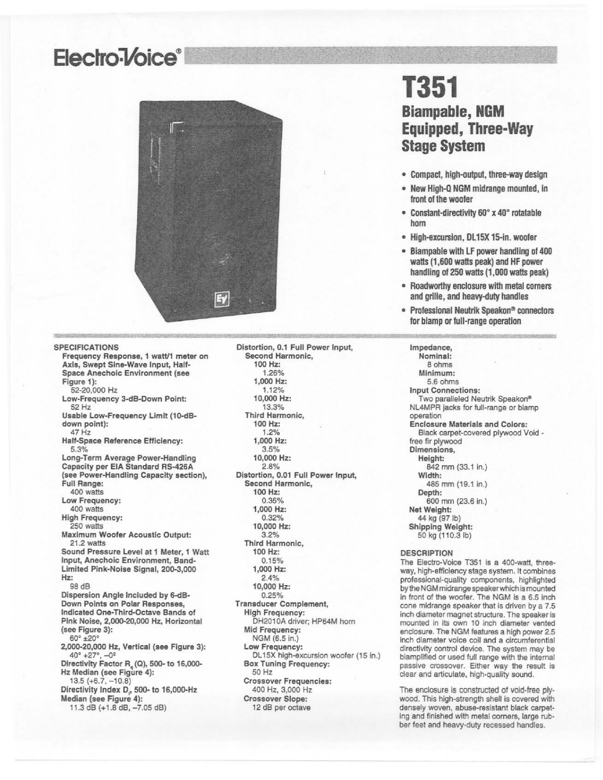 Electro-voice T351 DATASHEET