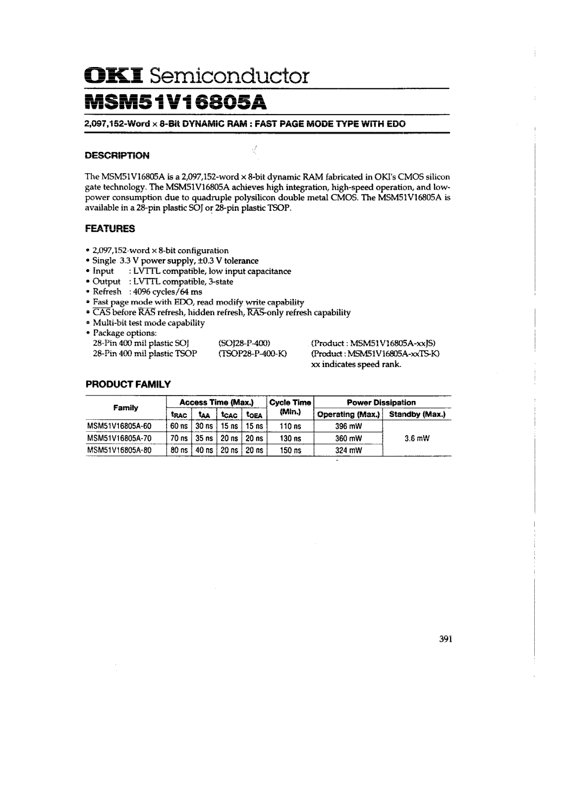 OKI MSM51V16805A-80TS-K, MSM51V16805A-70TS-K, MSM51V16805A-60JS, MSM51V16805A-80JS, MSM51V16805A-60TS-K Datasheet