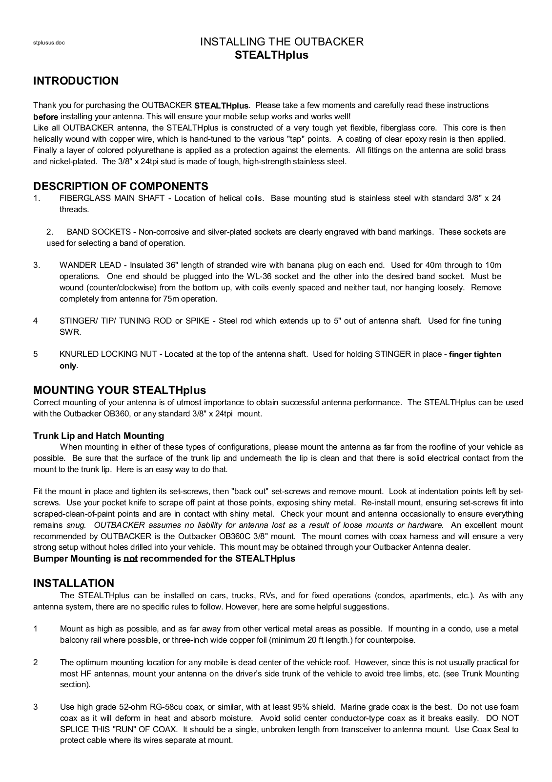 Outbacker STEALTH plus Installation Instruction - ManualMachine.com