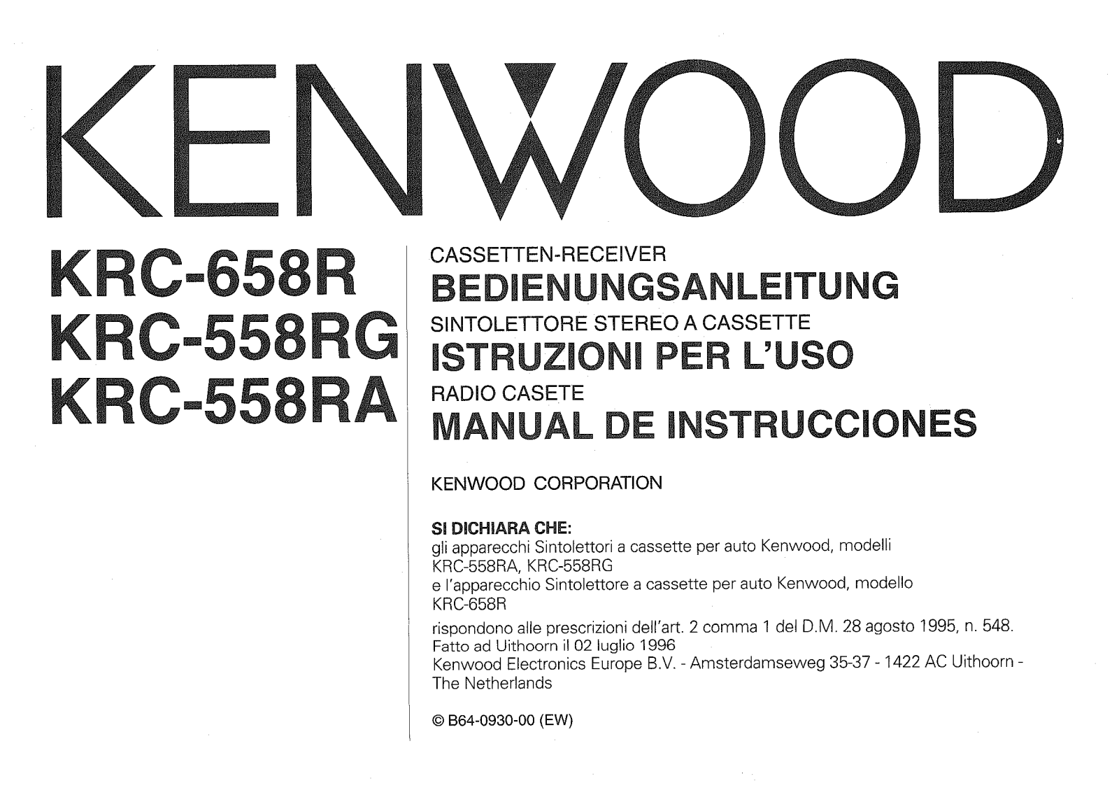 Kenwood KRC-558RA, KRC-658R, KRC-558RG Owner's Manual