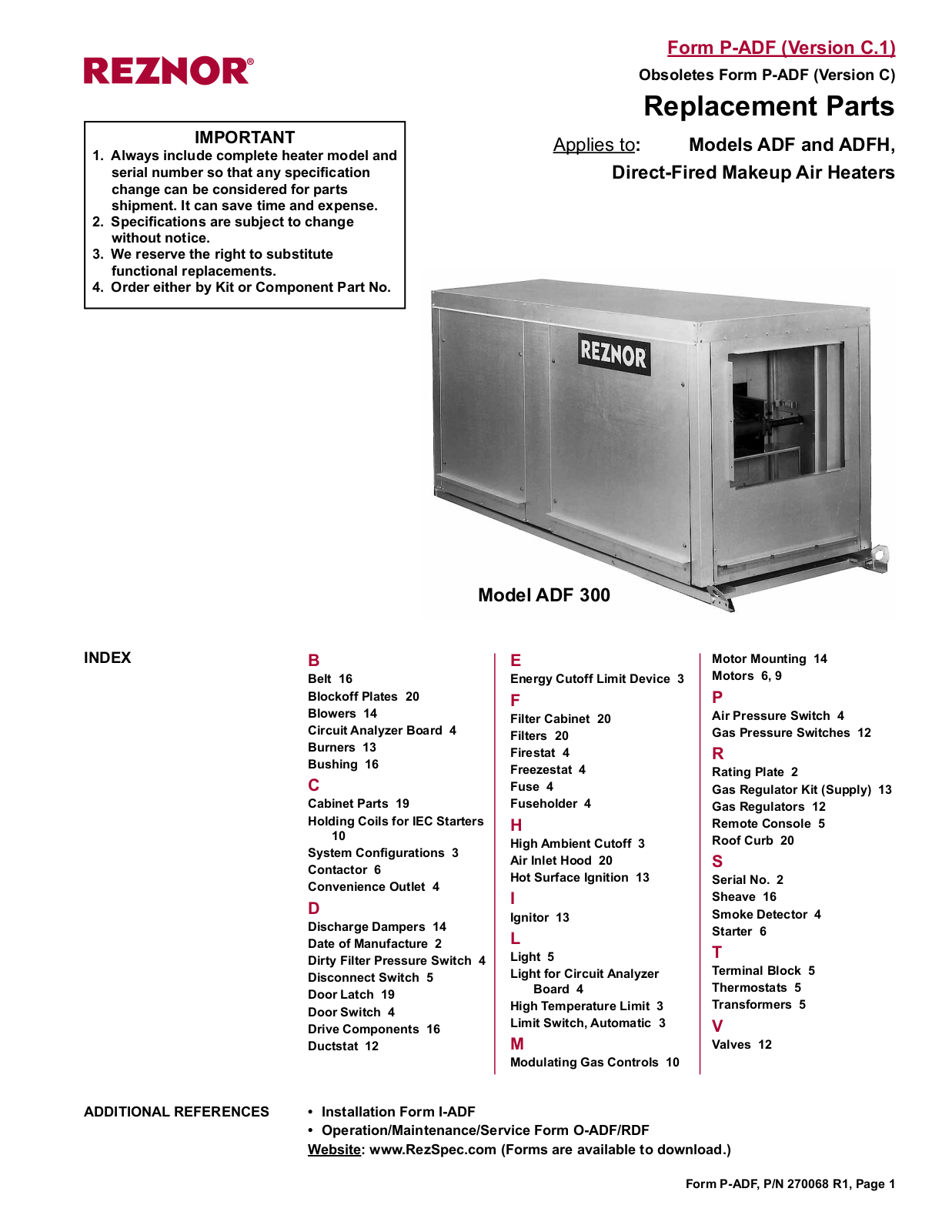 Reznor ADFH User Manual