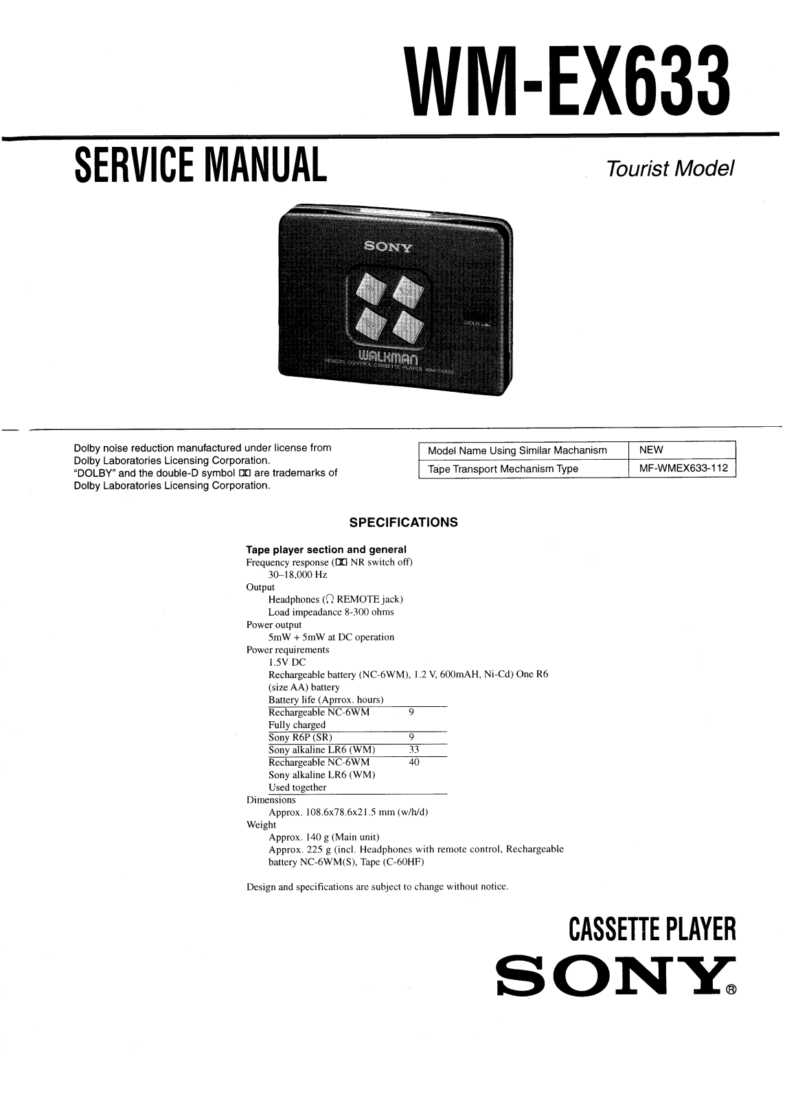 Sony WMEX-633 Service manual