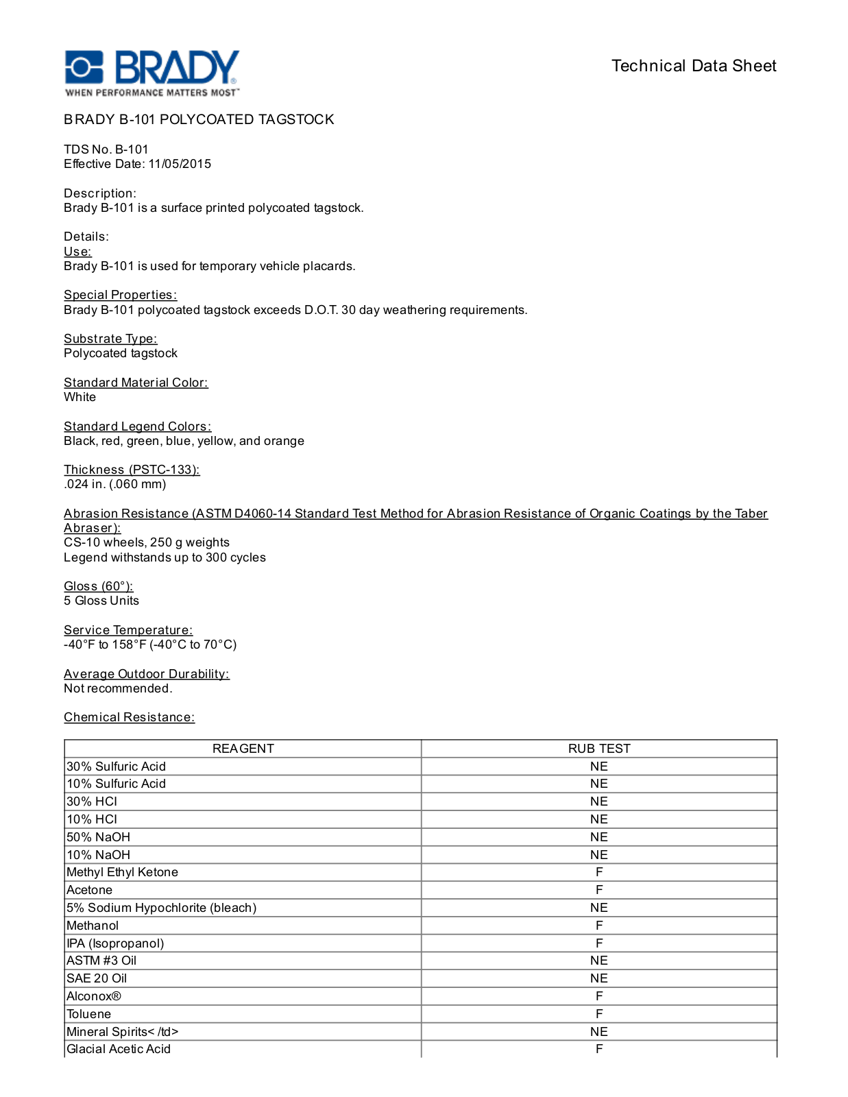 Brady B-101 Technical Data