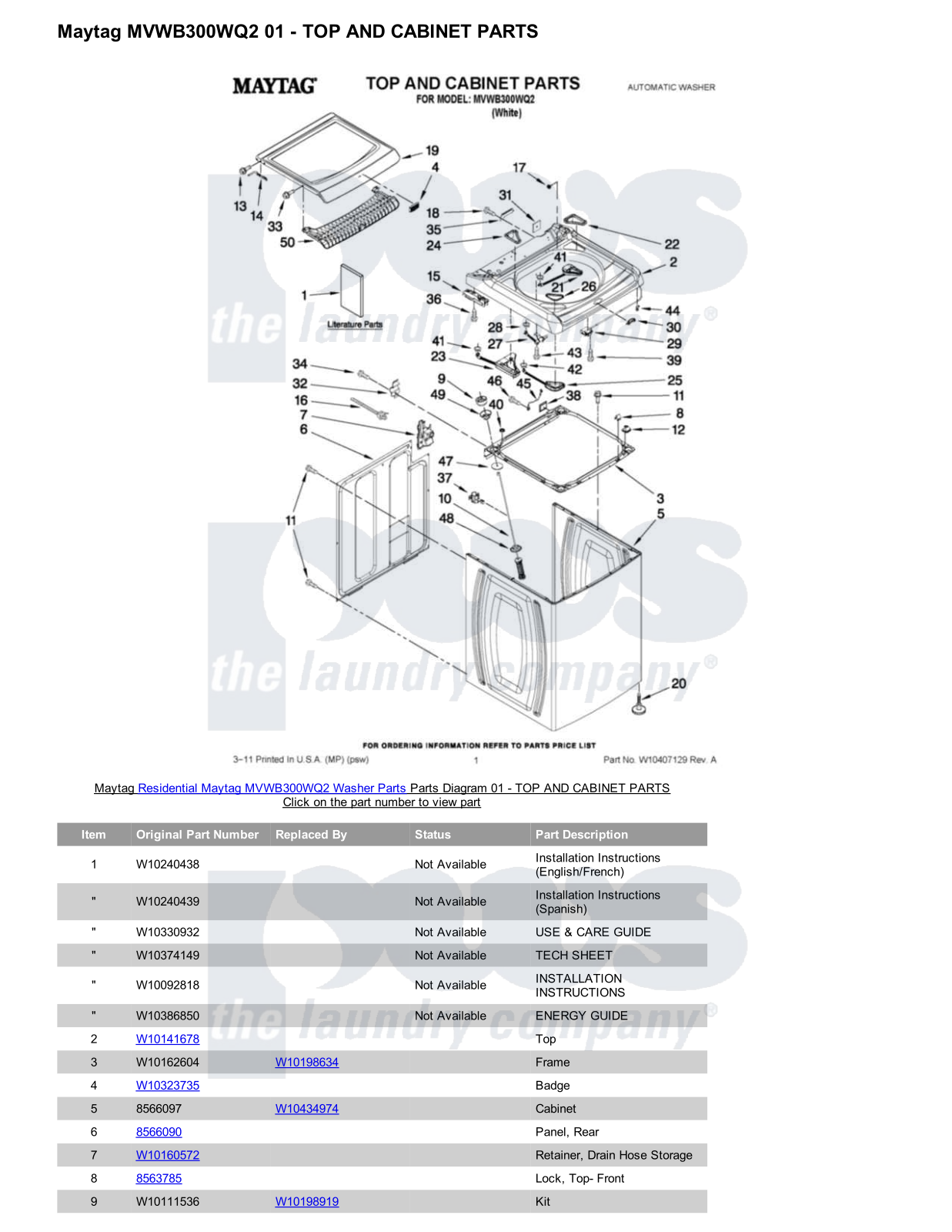 Maytag MVWB300WQ2 Parts Diagram