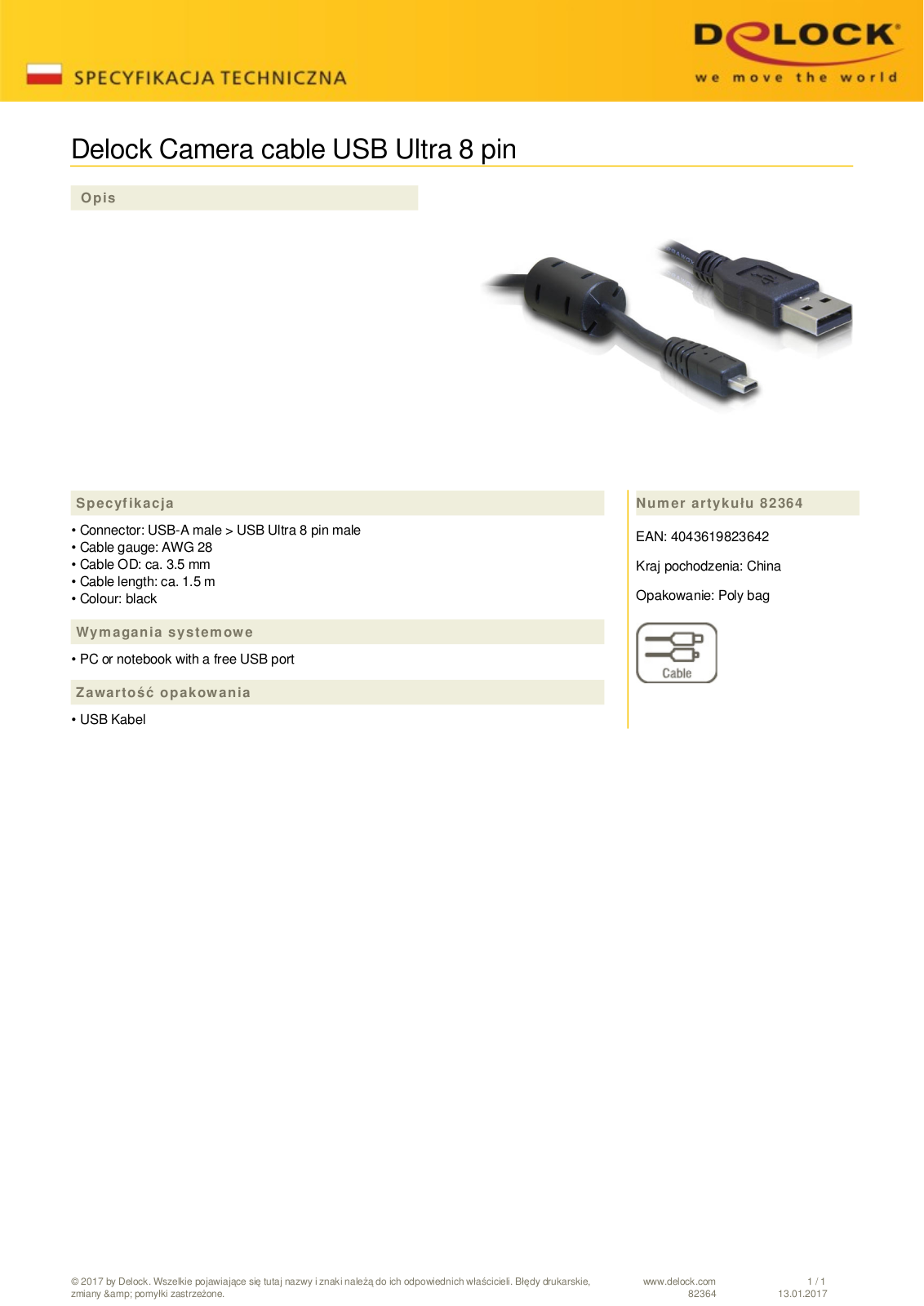 DeLOCK USB 2.0 cable A-Ultra-8-Pin 1.5m User Manual