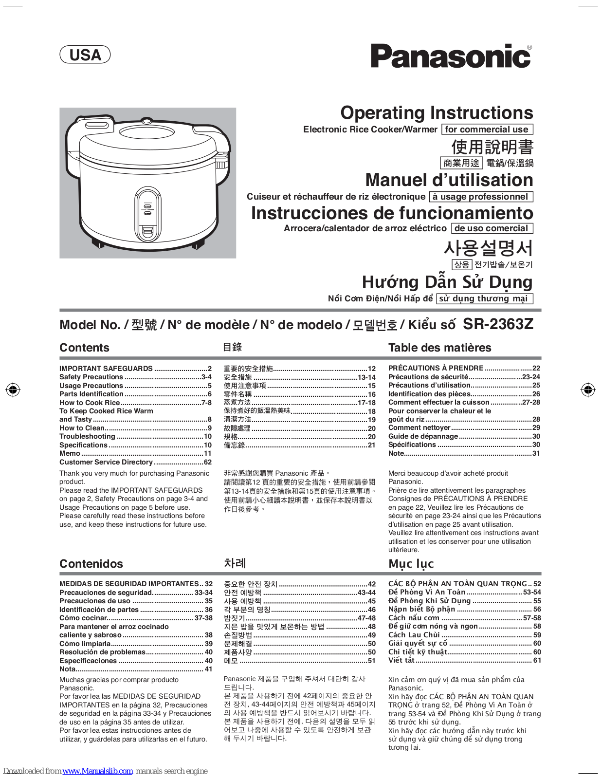 Panasonic SR2363Z - RICE COOKER LID 20CUP Operating Instructions Manual