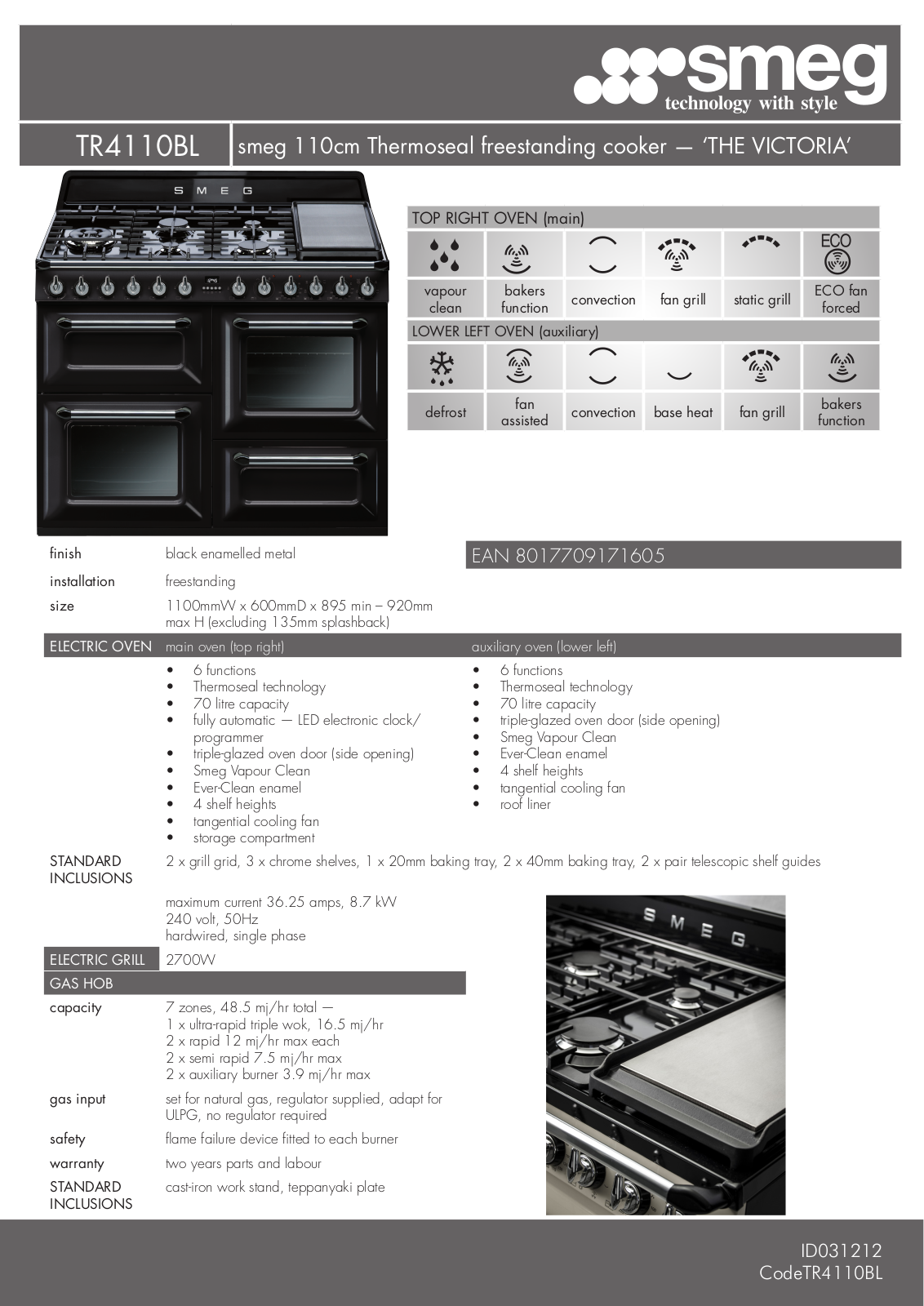 Smeg TRA4110BL Specifications Sheet