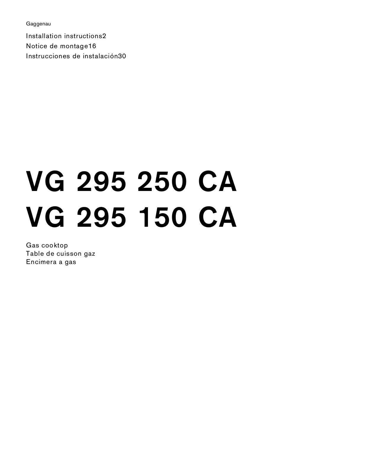 Gaggenau VG 295 250 CA, VG 295 150 CA Installation Instructions