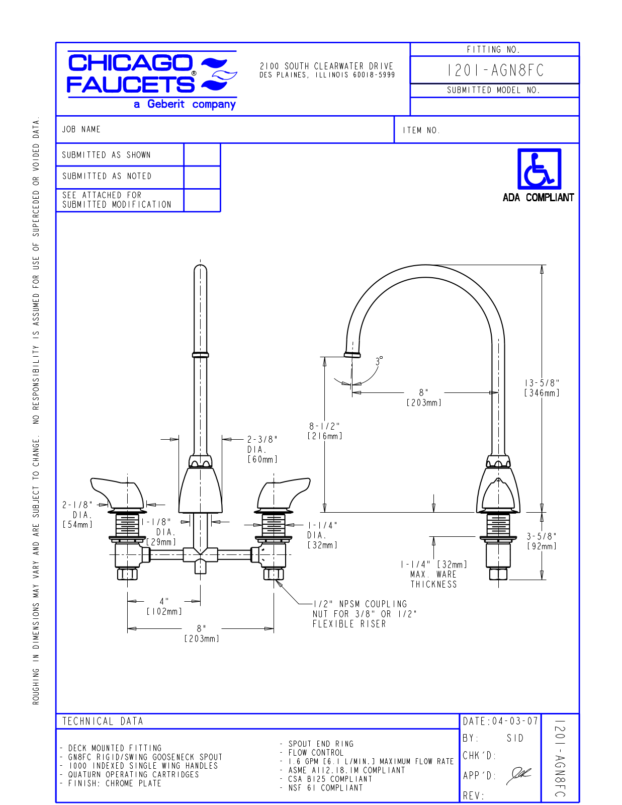 Chicago Faucet 1201-AGN8FC User Manual