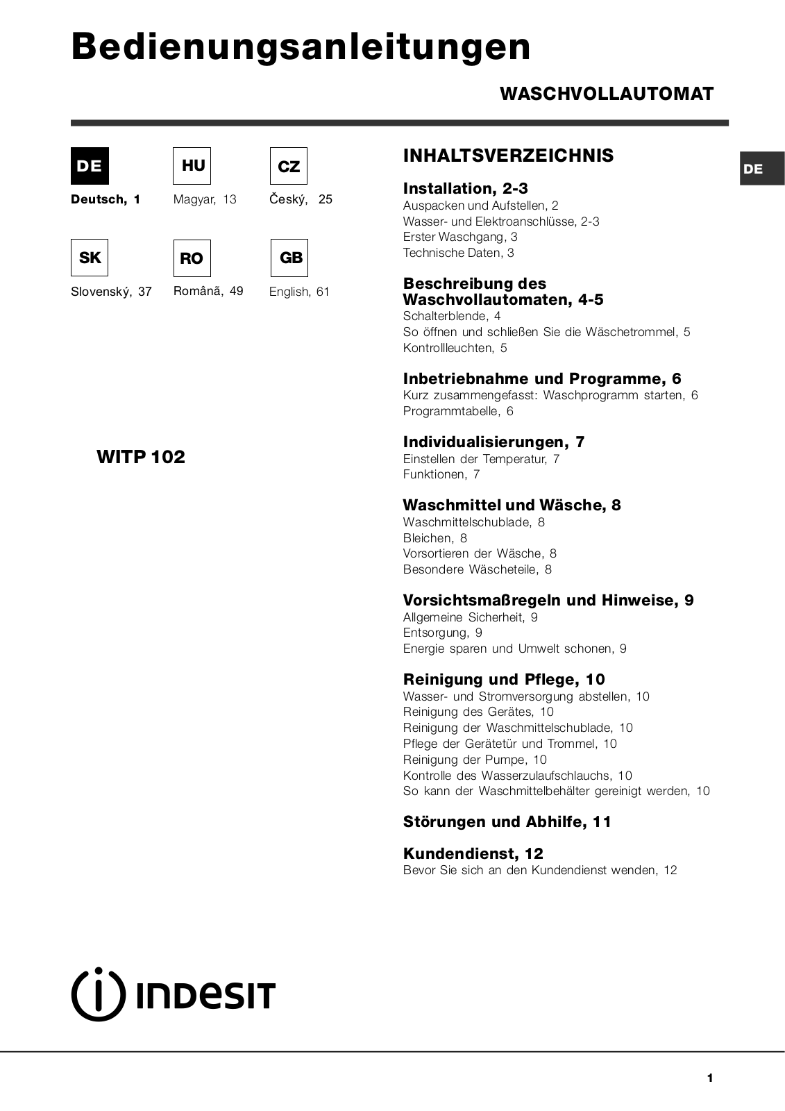 Indesit WITP 102 Operating Instructions