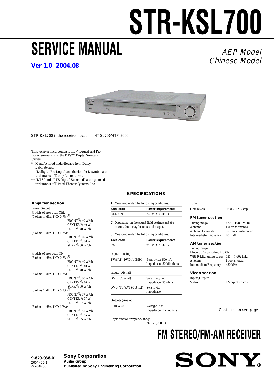 Sony STR-KSL700 Service Manual