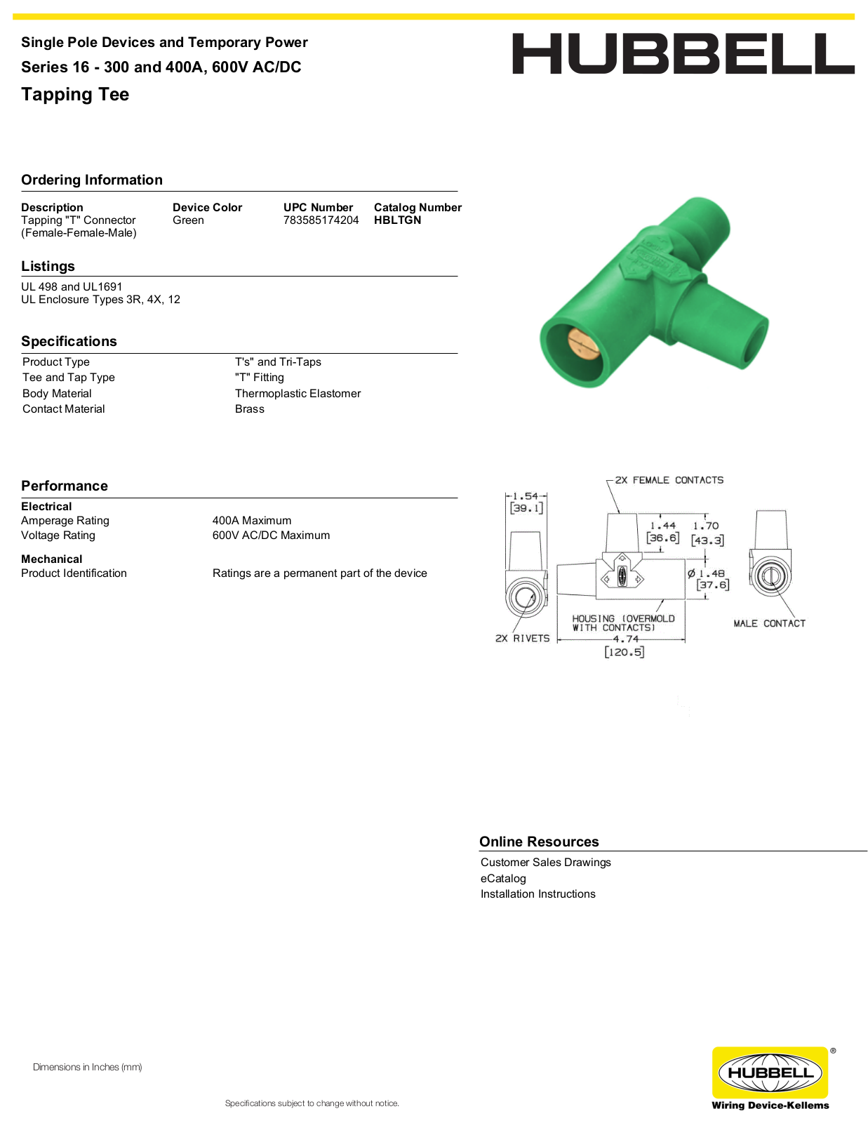 Hubbell HBLTGN Specifications