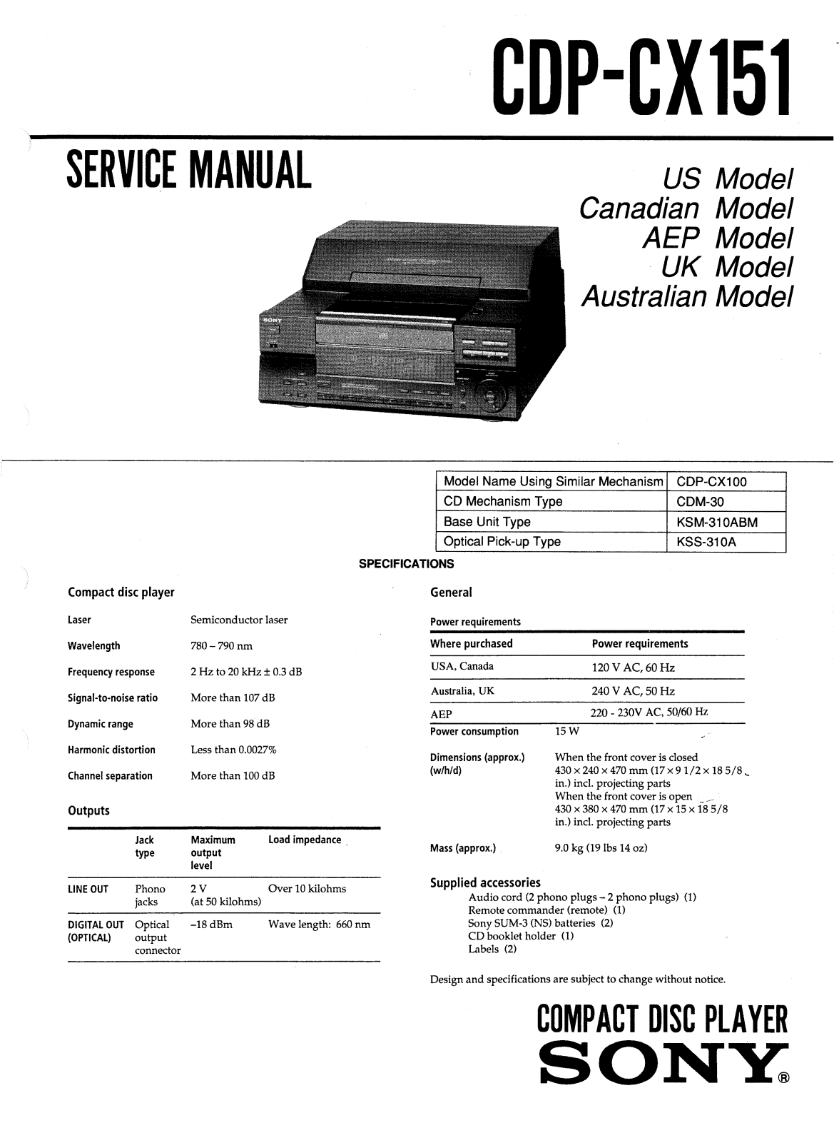 Sony CDPCX-151 Service manual