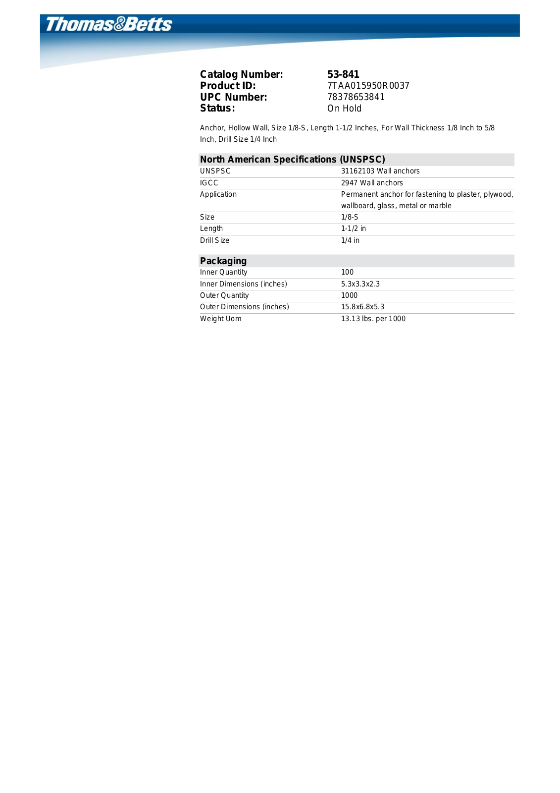 Thomas & Betts 53-841 Data Sheet