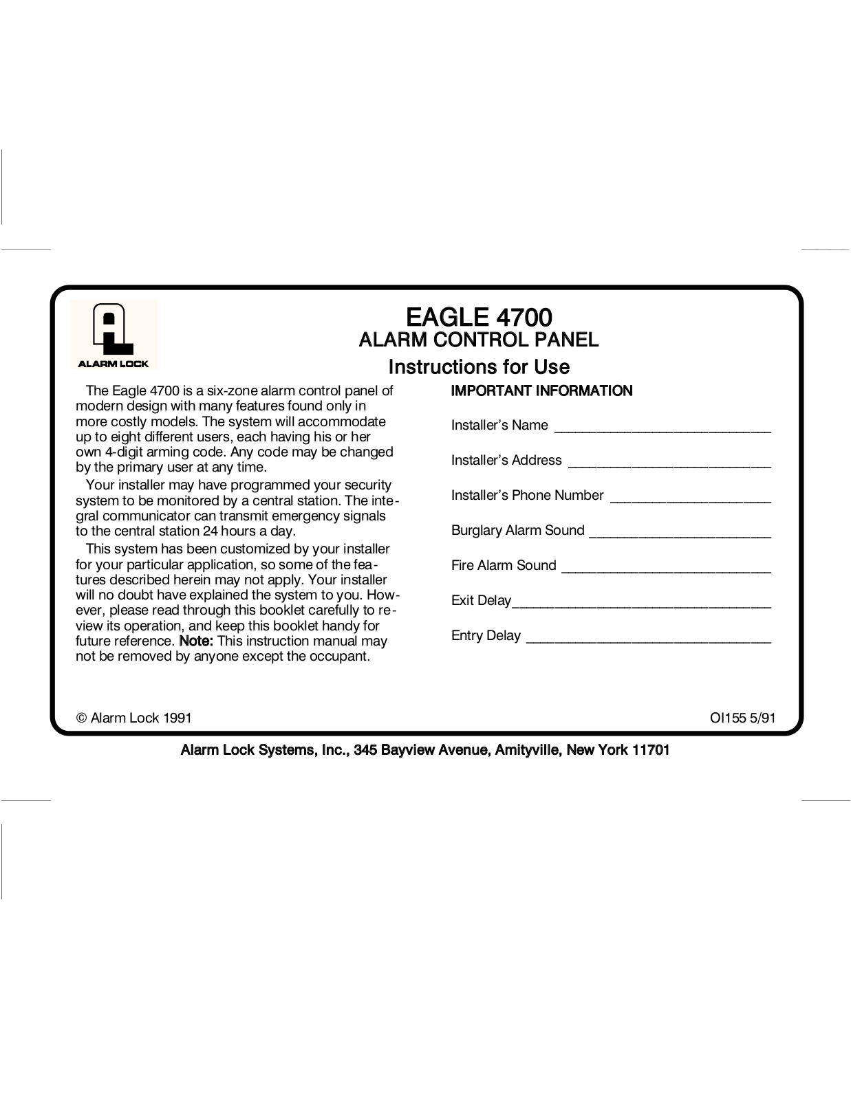 Alarm Lock Eagle 4700 User Manual