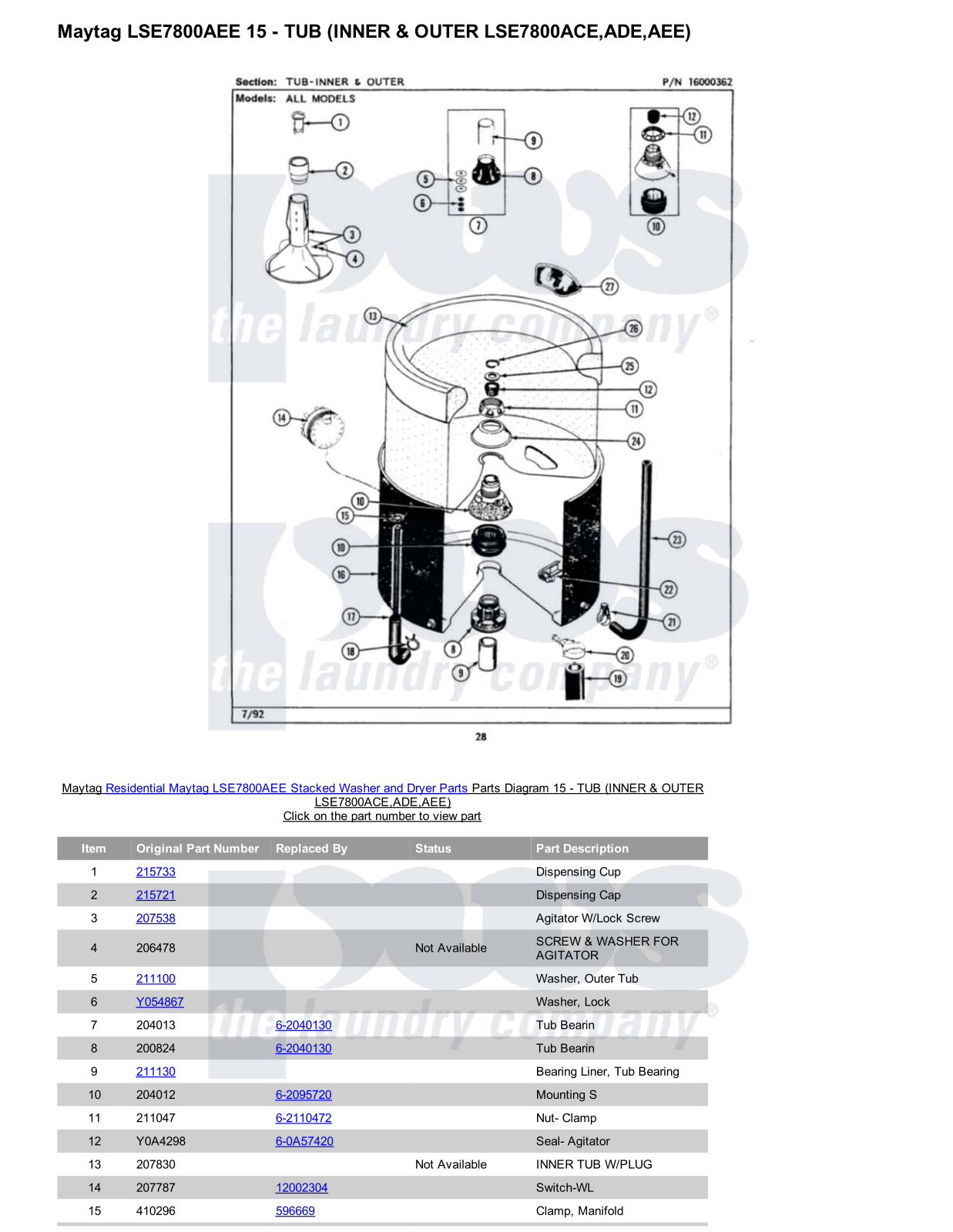 Maytag LSE7800AEE Stacked and Parts Diagram