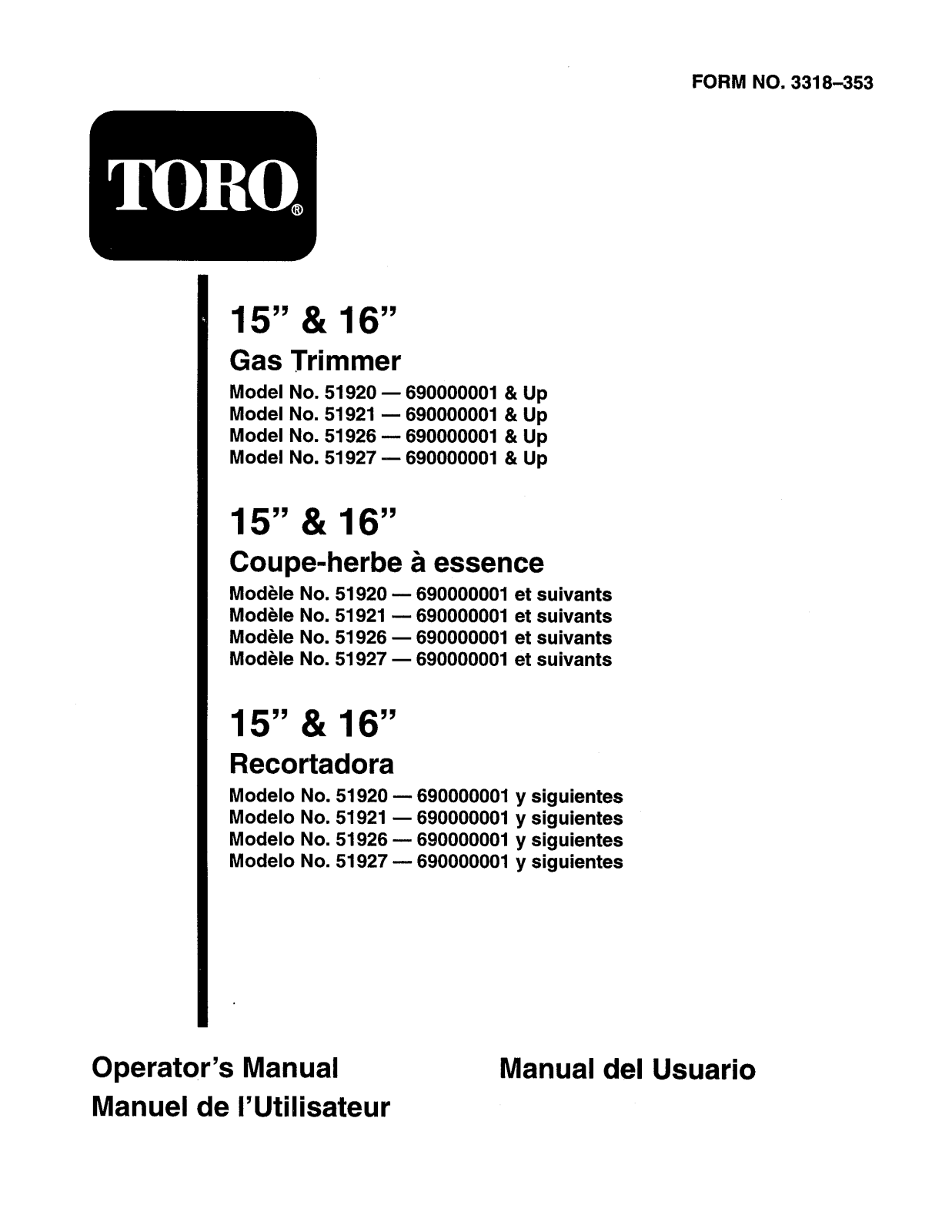 Toro 51920, 51921, 51926, 51927 Operator's Manual