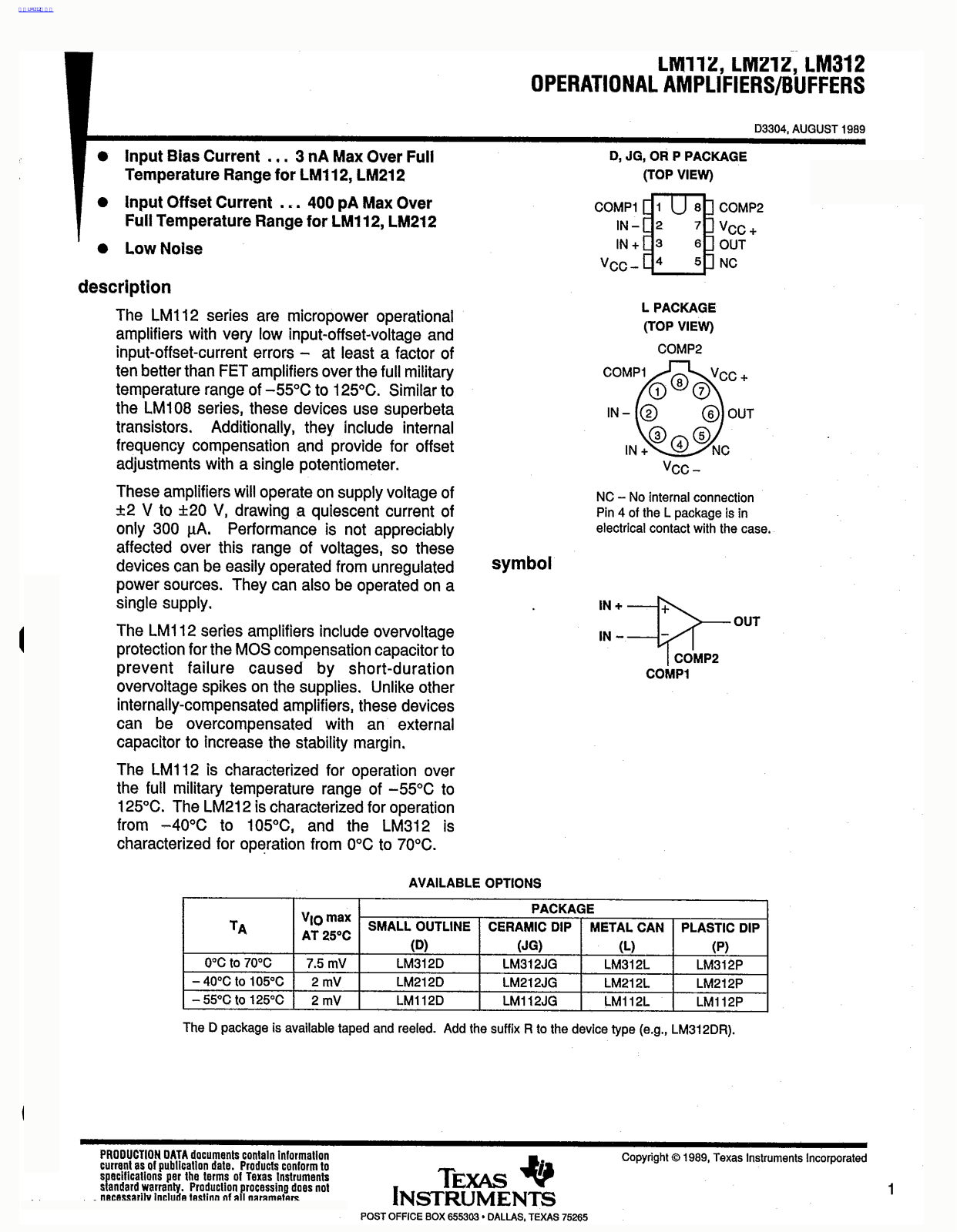 TEXAS INSTRUMENTS LM112, LM212, LM312 Technical data