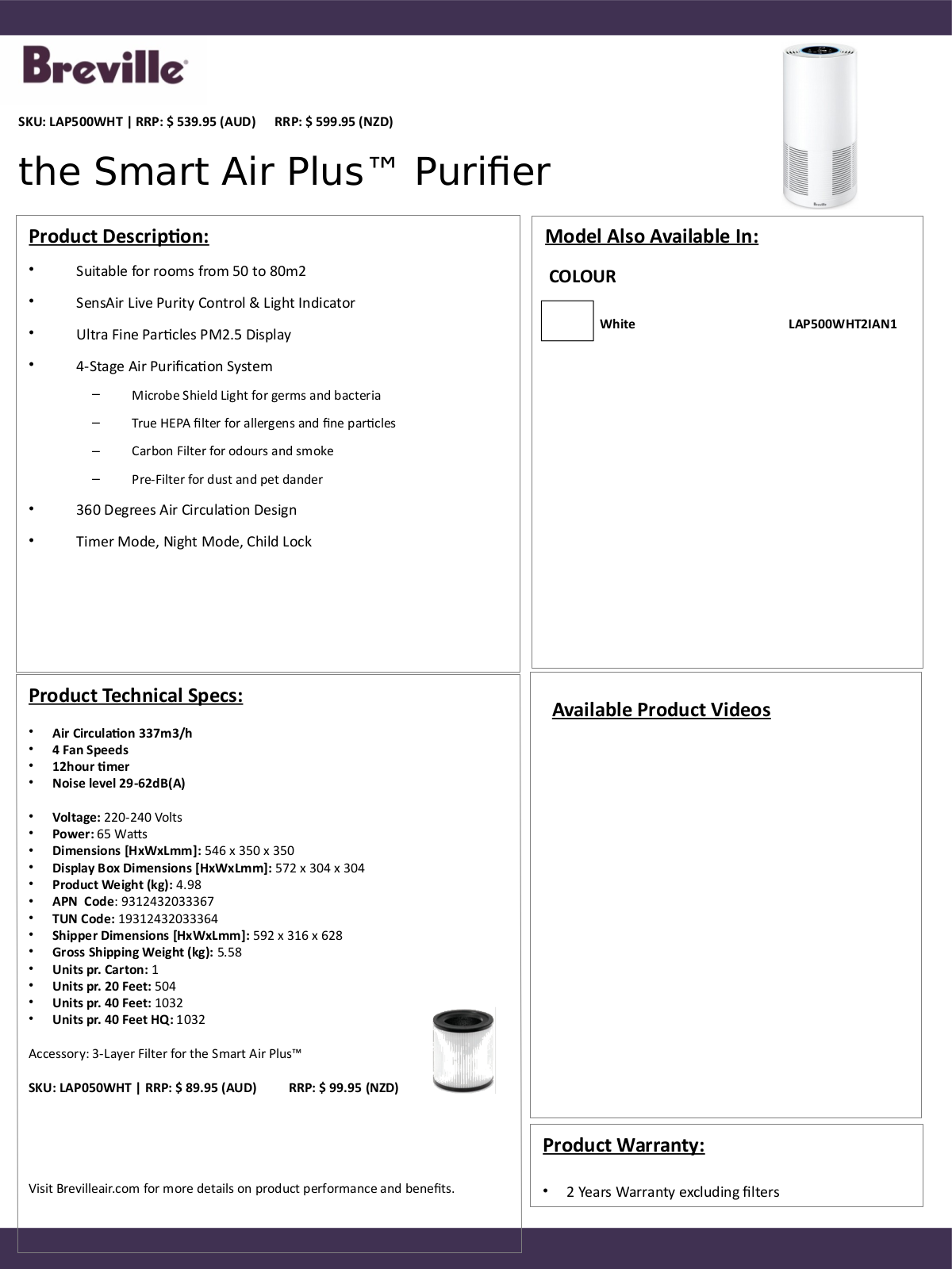 Breville LAP500WHT Specifications Sheet