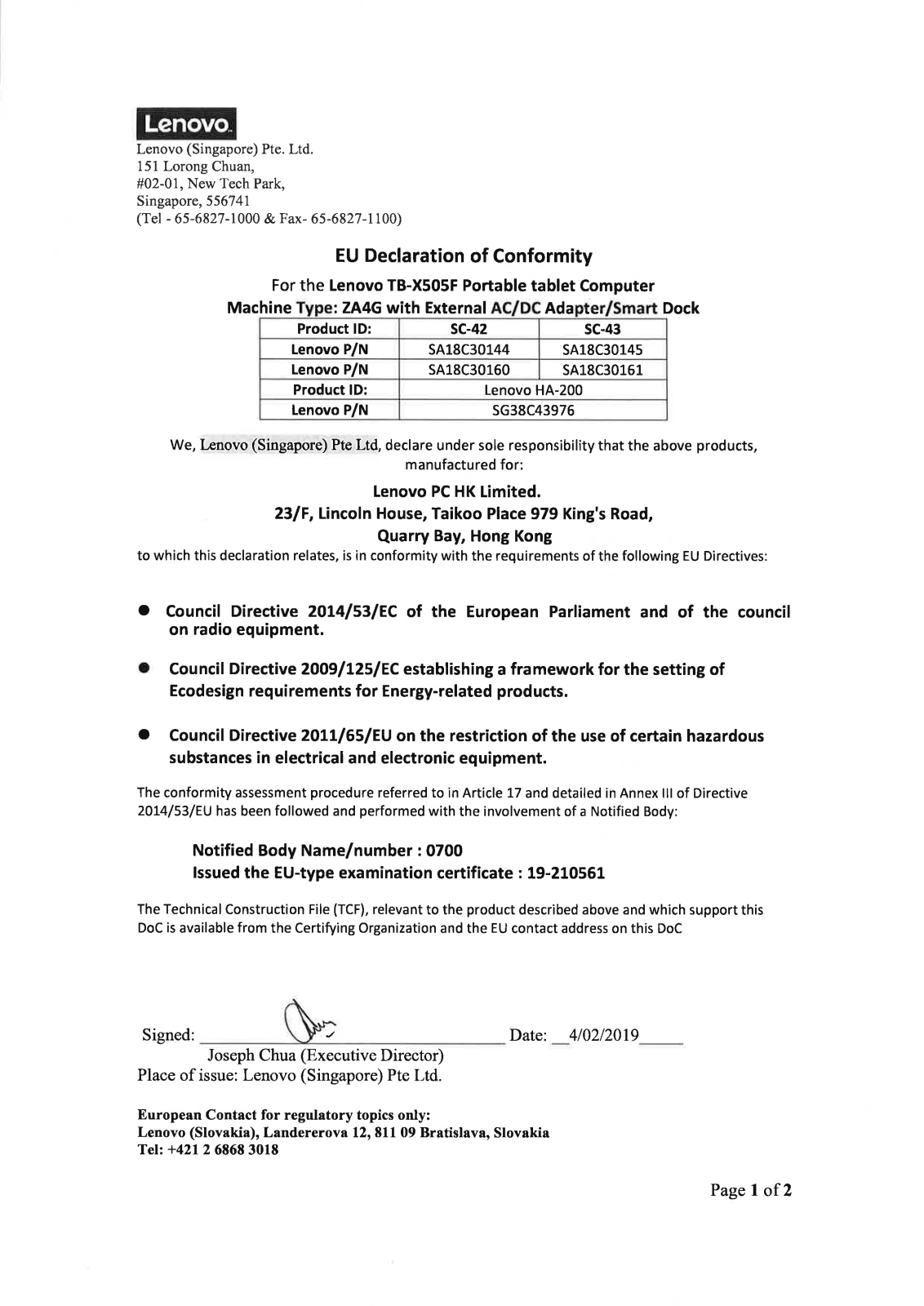 Lenovo TB-X505F Declaration of Conformity