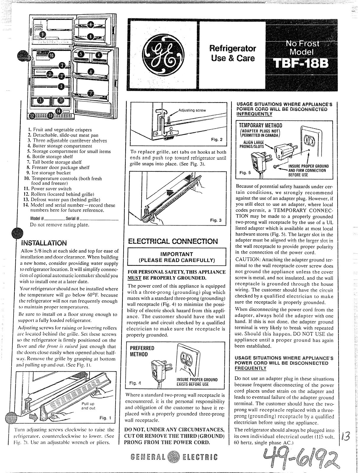 GE TBF18B Use and Care Manual