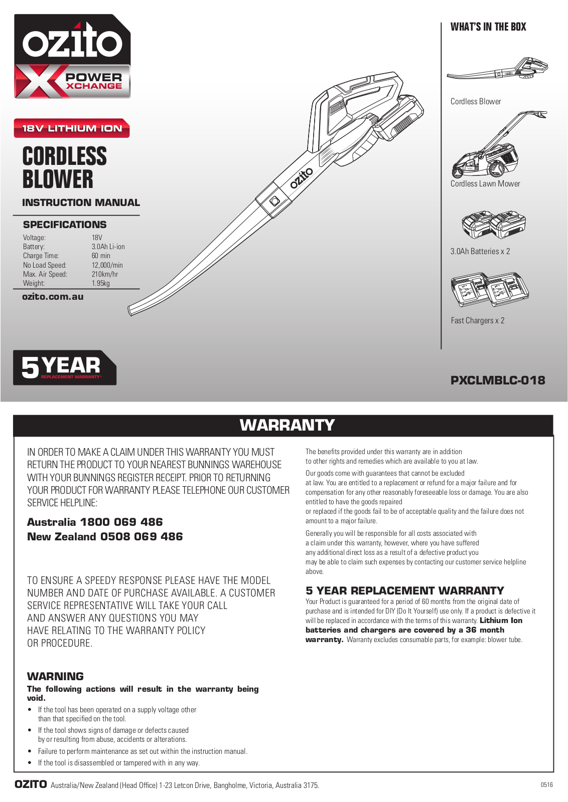 Ozito PXCLMBLC-018 User Manual