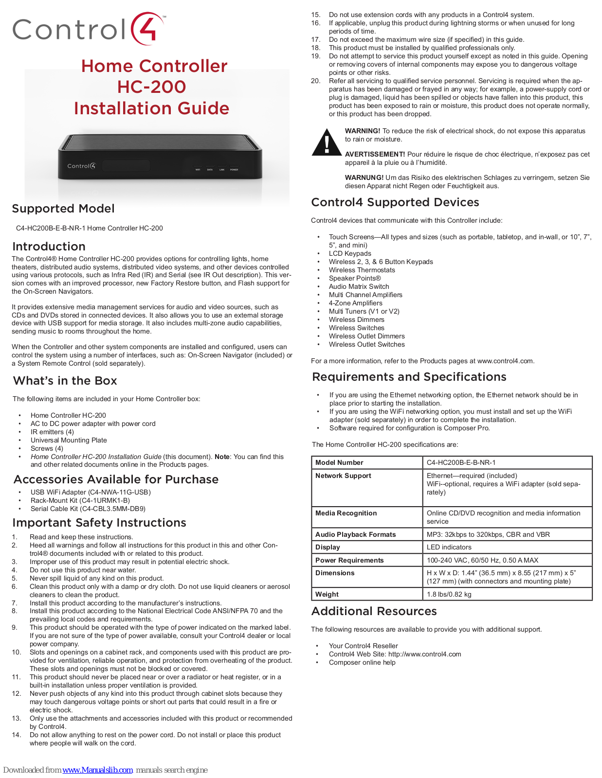 Control 4 HC-200, C4-HC200B-E-B-NR-1 Installation Manual