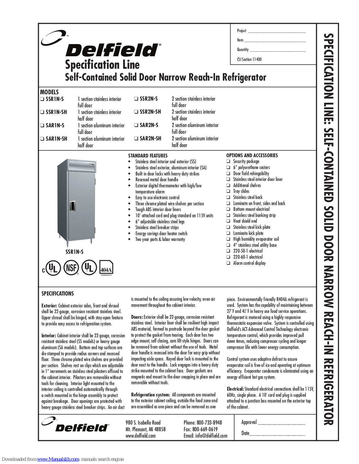 Delfield SAR1N-S, SAR1N-SH, SAR2N-S, SAR2N-SH, SSR1N-S Specifications