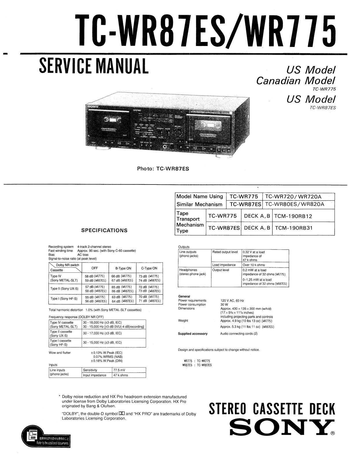 Sony TCWR-877 Service manual