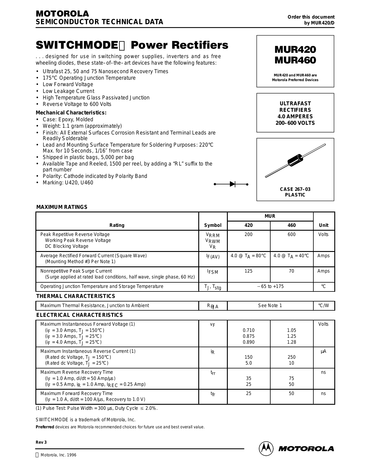 Motorola MUR420, MUR460 Datasheet