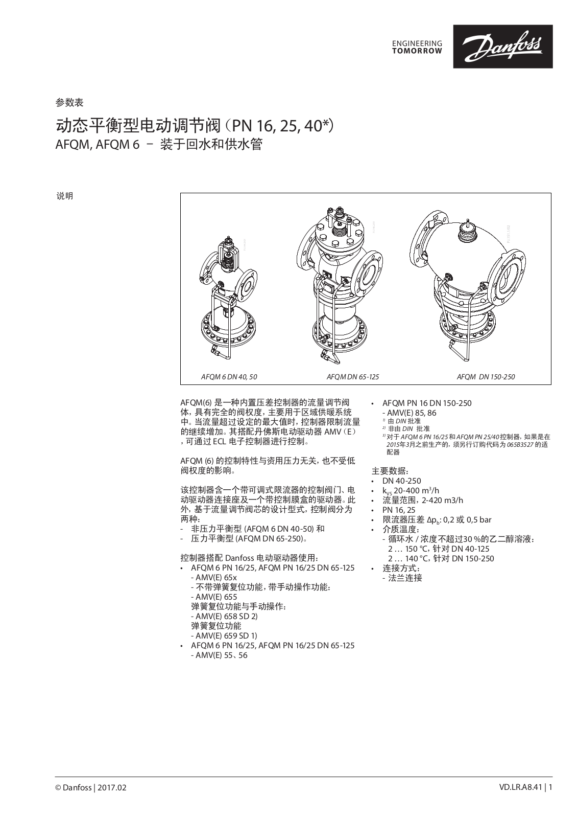 Danfoss AFQM 6 DN 40, AFQM 6 DN 50, AFQM DN 65-125, AFQM DN 150-250 Data sheet