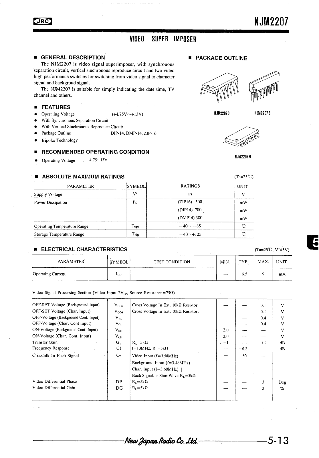 JRC NJM2207D, NJM2207M, NJM2207S, NJM2203D Datasheet