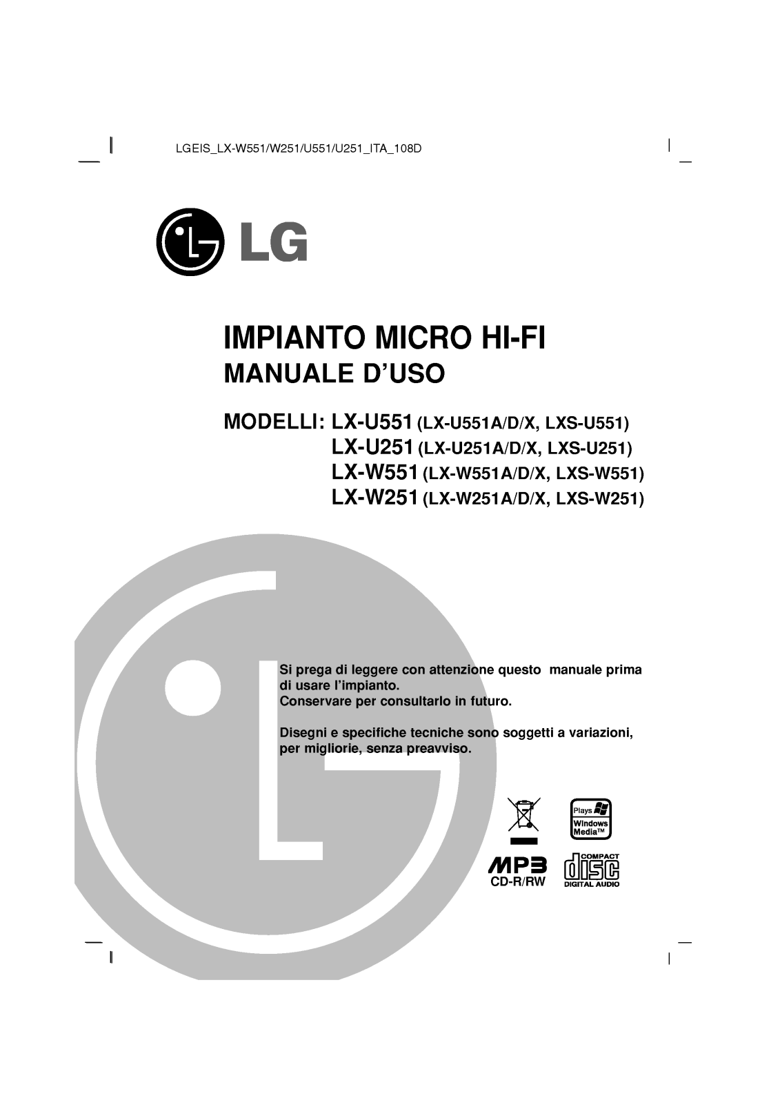 Lg LX-U251, LX-U551, LX-W251, LX-W551 user Manual