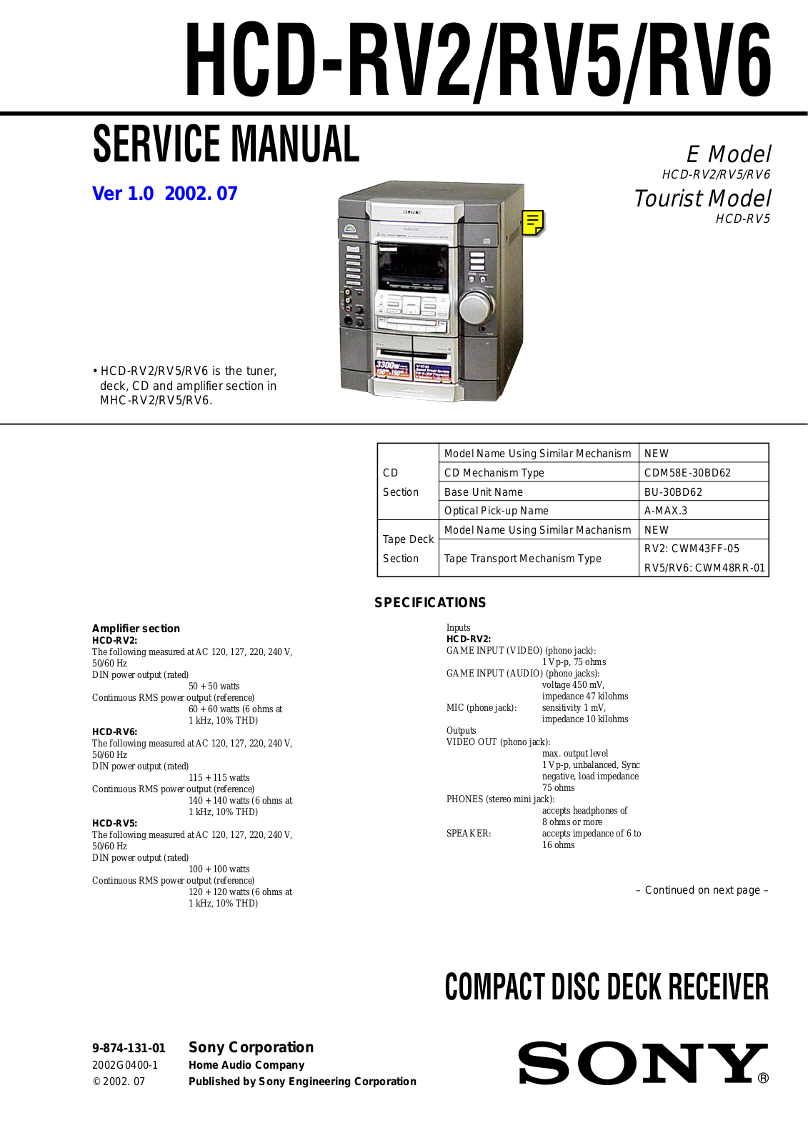 SONY HCD-RV2, HCD-RV5, HCD-RV6 Service Manual