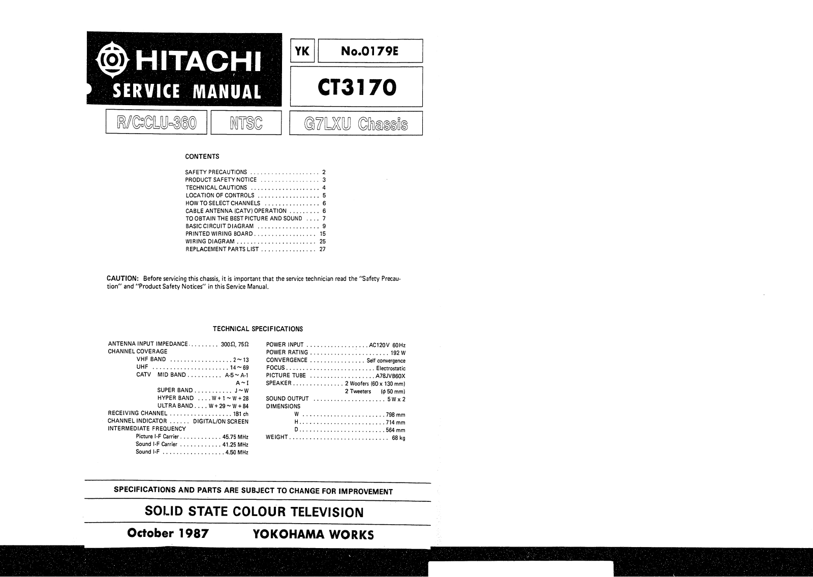 HITACHI CT3170 85, CT3170 85B Service Manual