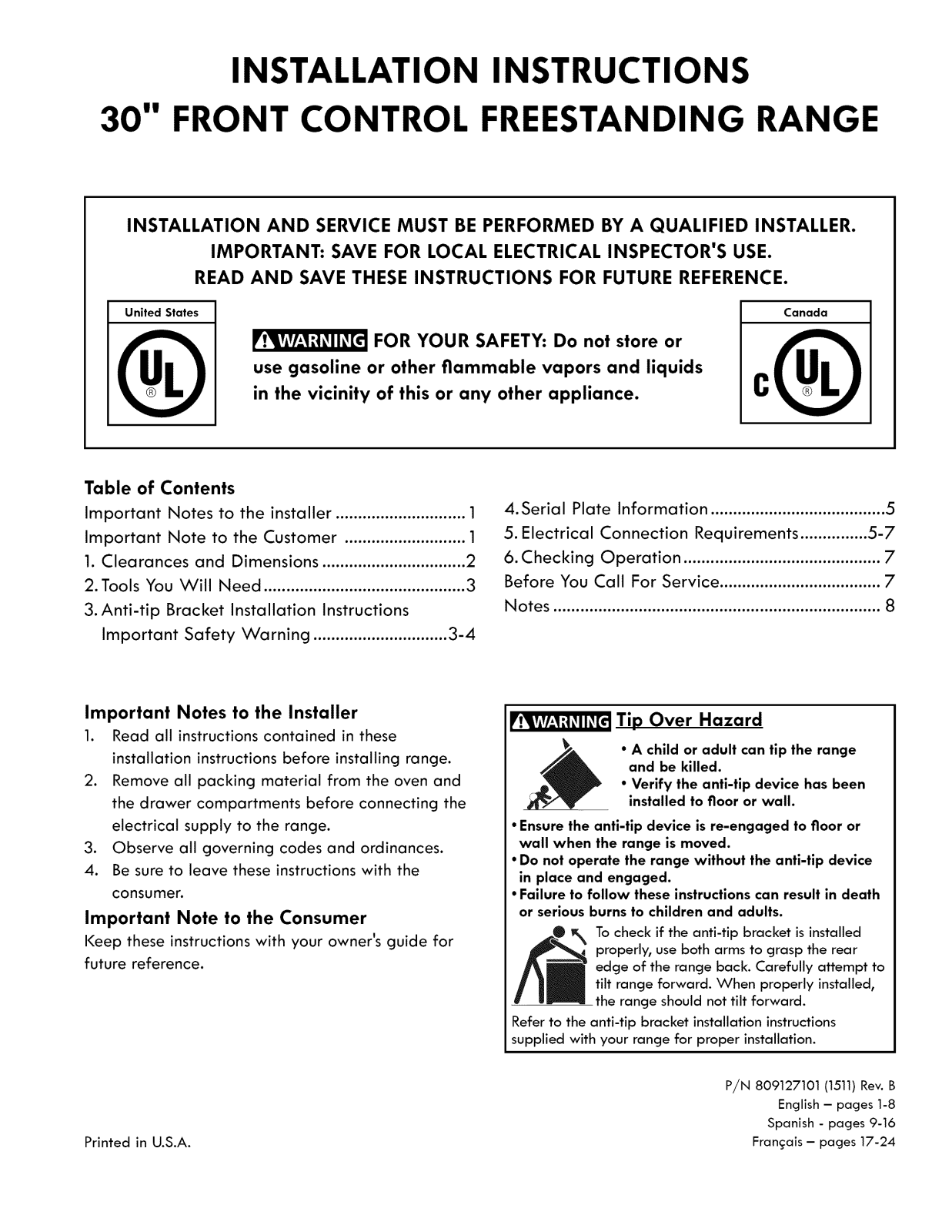 Kenmore Pro 79092583510 Installation Guide