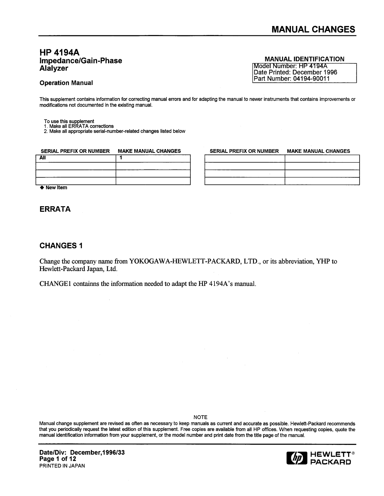 HP (Hewlett-Packard) Agilent 4194A User Manual