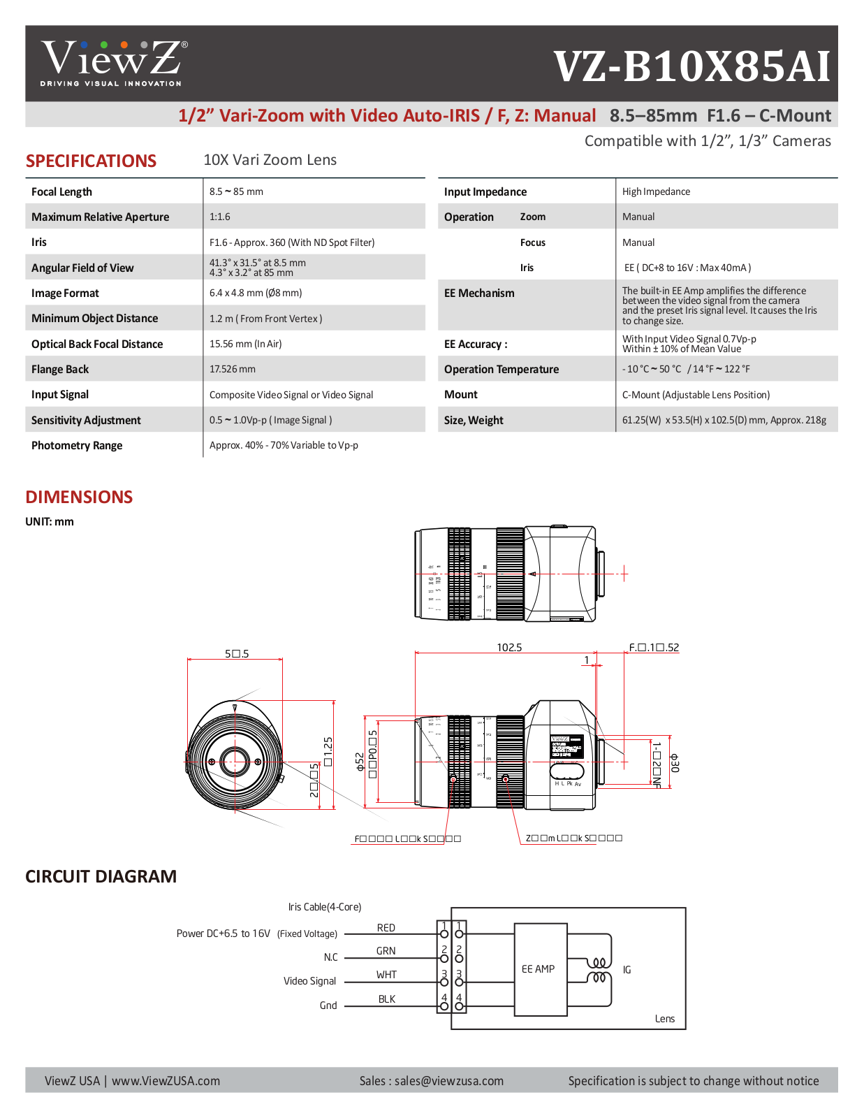 ViewZ VZ-B10X85AI Specsheet