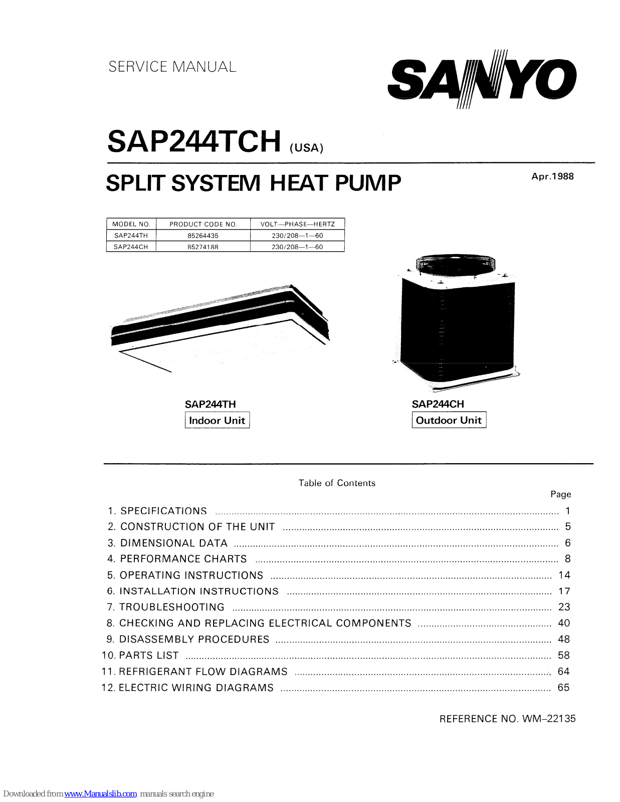 Sanyo SAP244TCH,SAP244TH,SAP244CH Service Manual