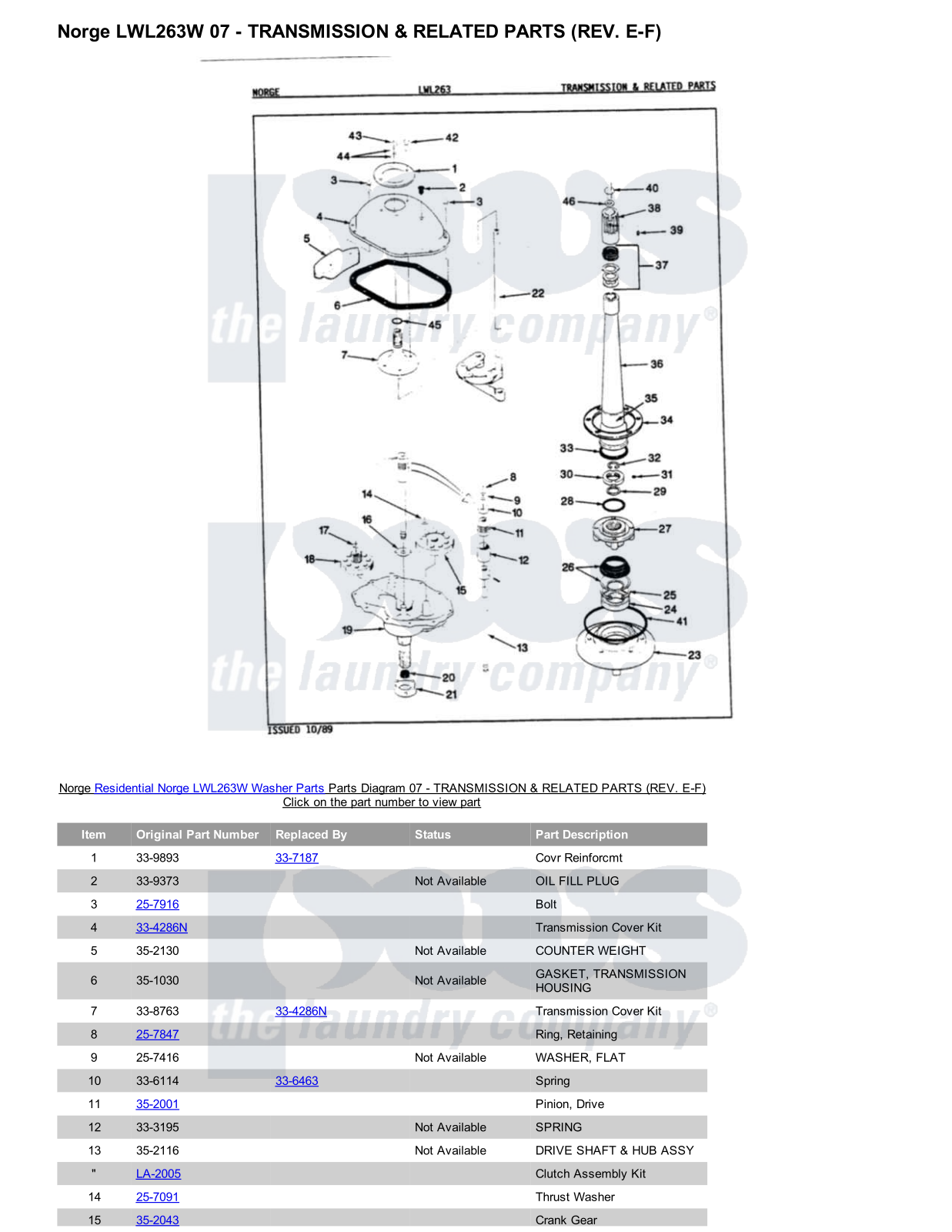 Norge LWL263W Parts Diagram