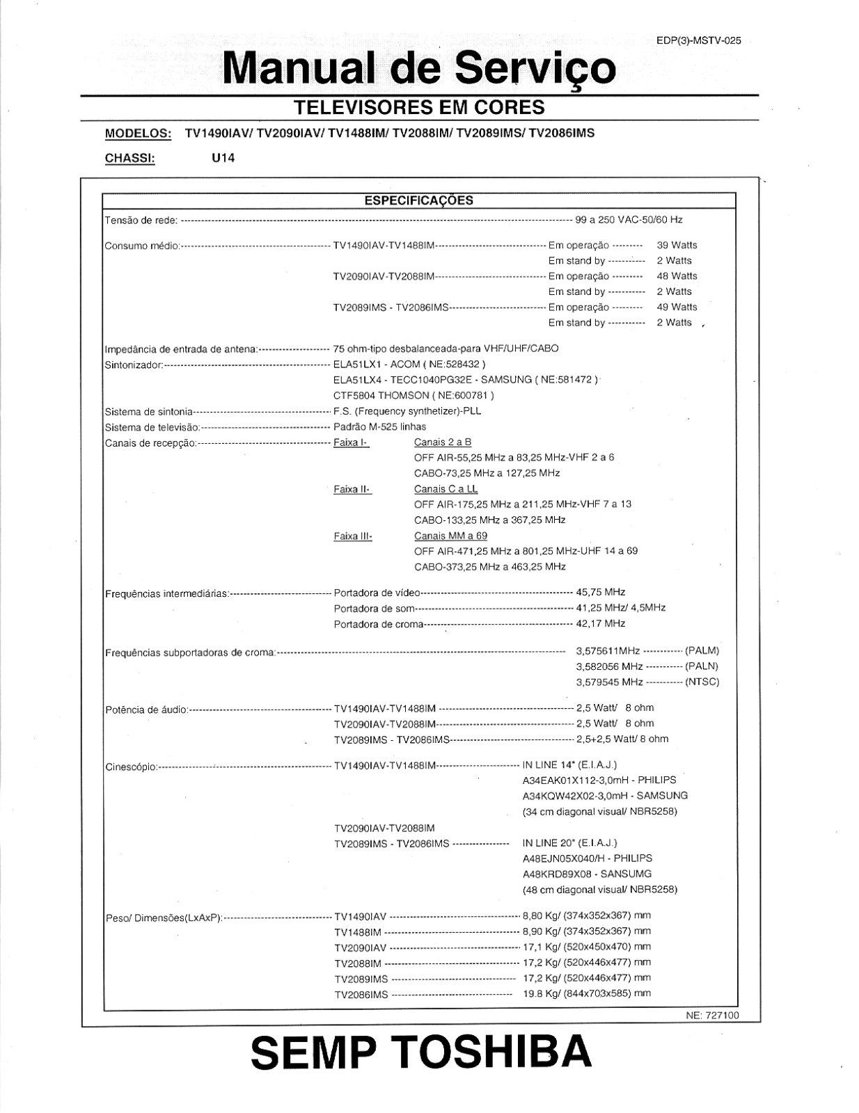 Toshiba TV1490IAV, TV2090IAV, TV1488IM, TV2088IM, TV2089IMS Service Manual