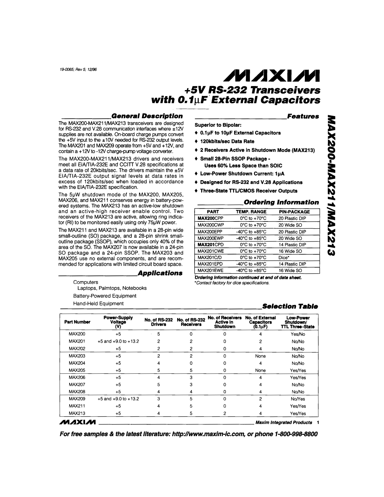 Maxim MAX209CNG, MAX208ENG, MAX211EWI, MAX211EAI, MAX211CWI Datasheet
