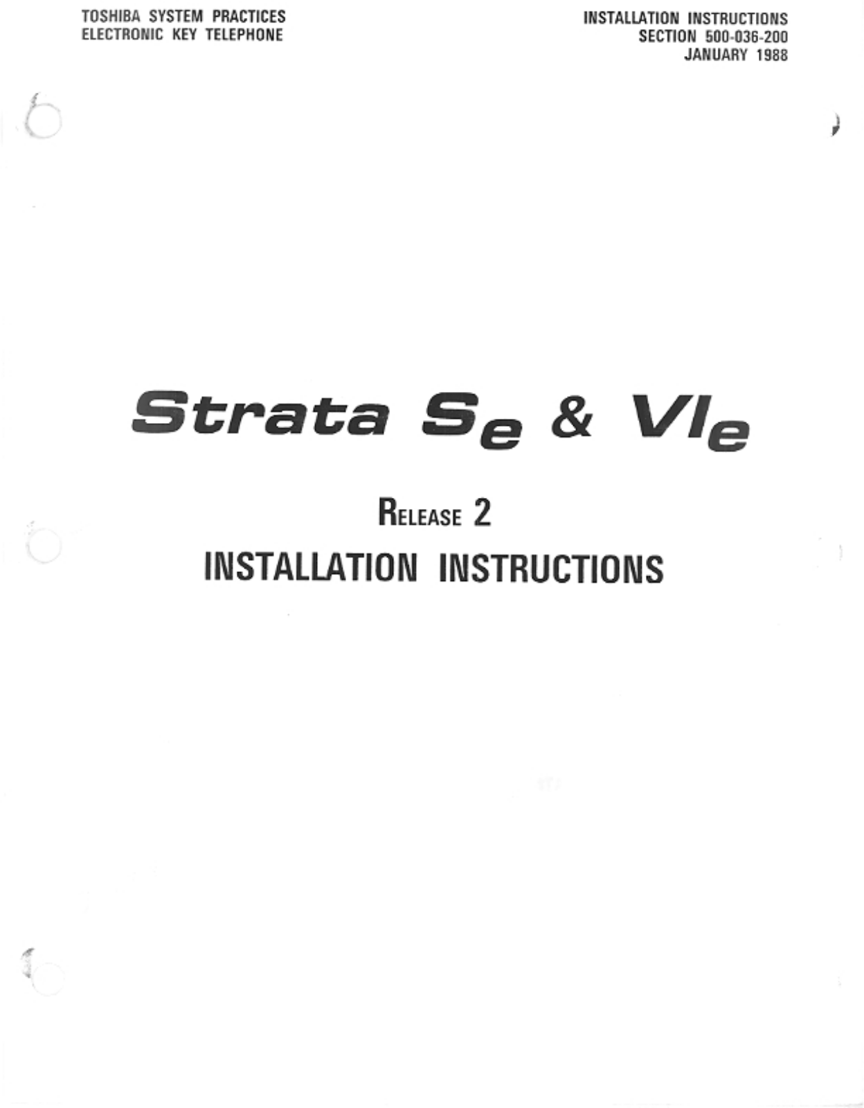 Toshiba Strata Se INSTALLATION INSTRUCTIONS