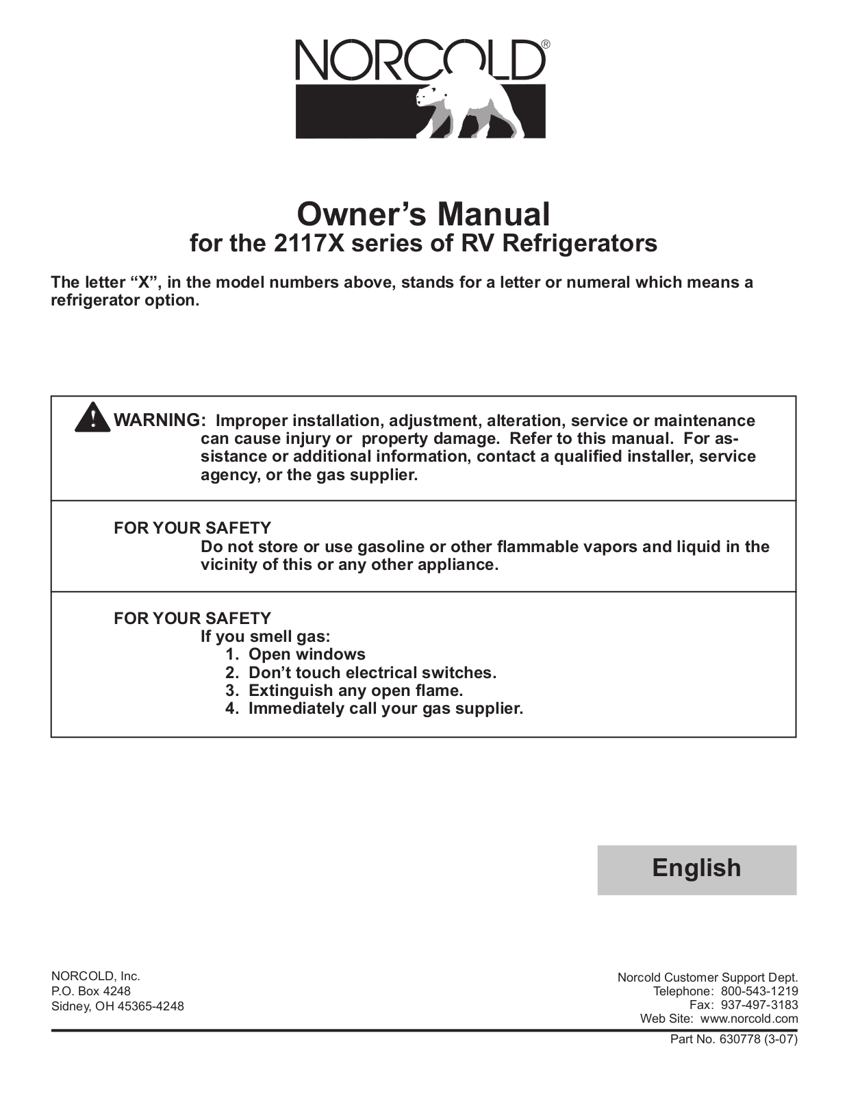 Norcold 2117, 2117IM, 2117IMBK, 2117IMBKD, 2117IMD Owner's Manual