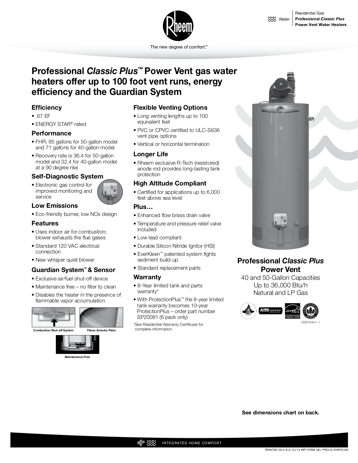 Rheem Professional Classic Plus Series Power Vent Specification