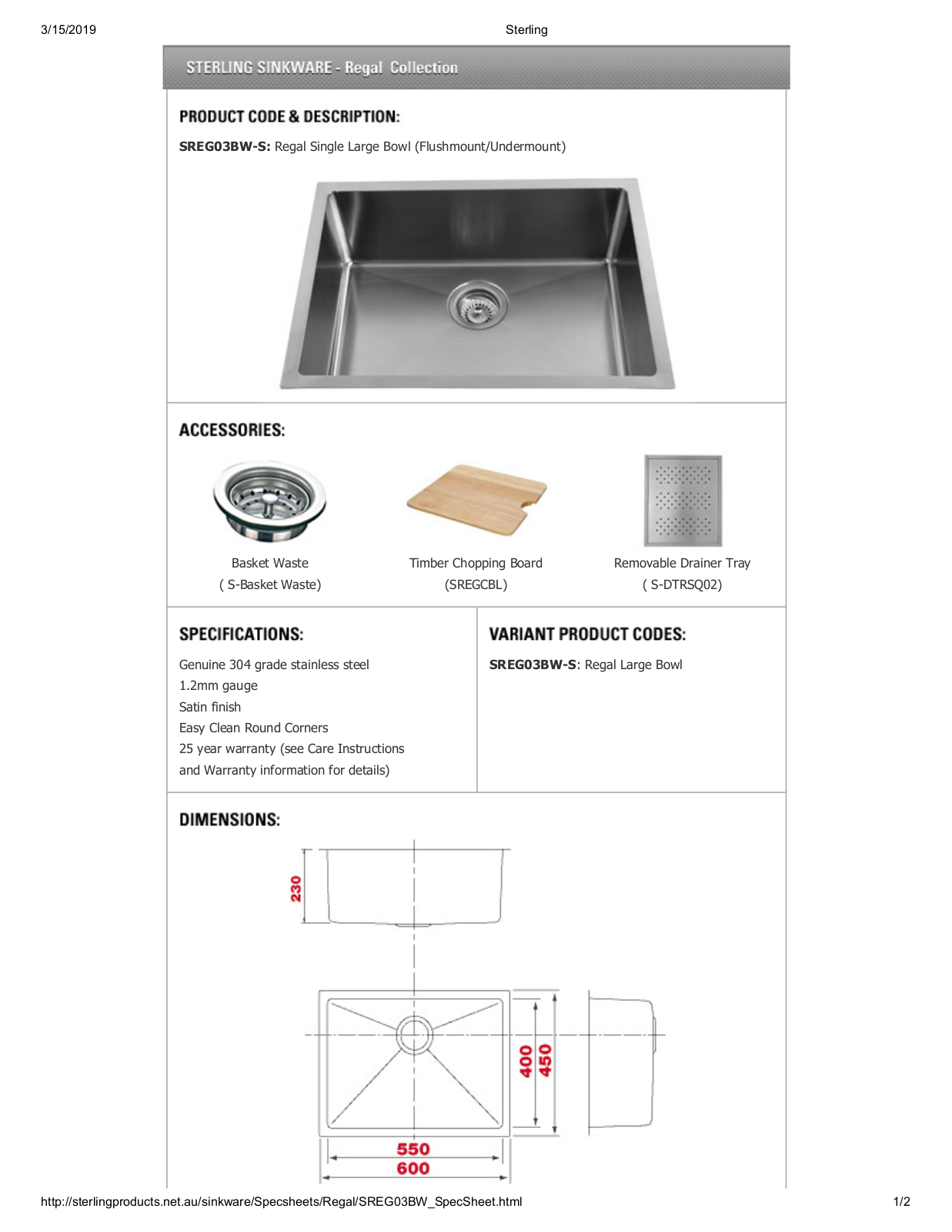 Sterling SREG03FBWS, SREG03UBWS Datasheet - ManualMachine.com