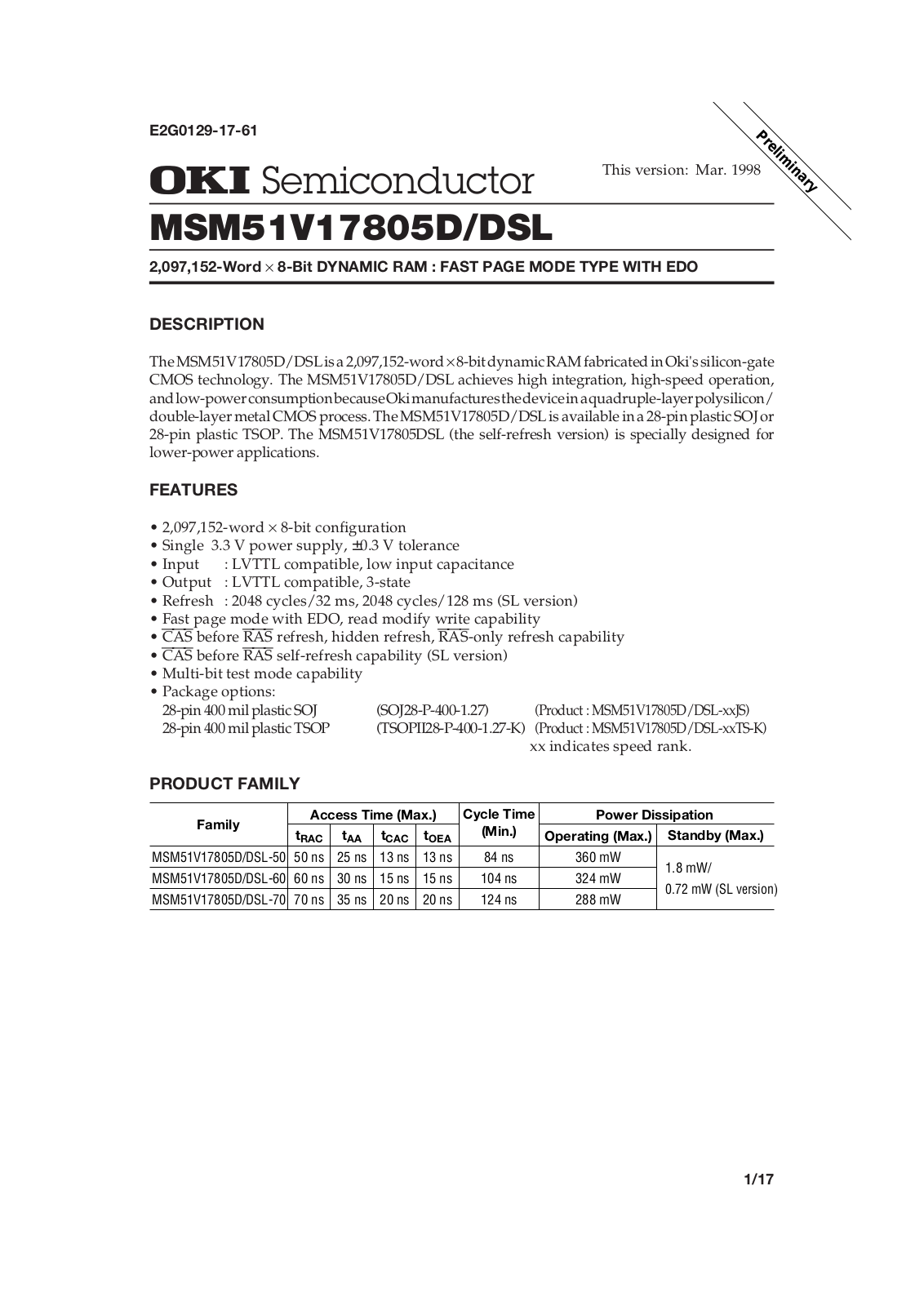 OKI MSM51V17805DSL-60TS-K, MSM51V17805D-70TS-K, MSM51V17805D-60TS-K, MSM51V17805D-50JS, MSM51V17805DSL-70TS-K Datasheet
