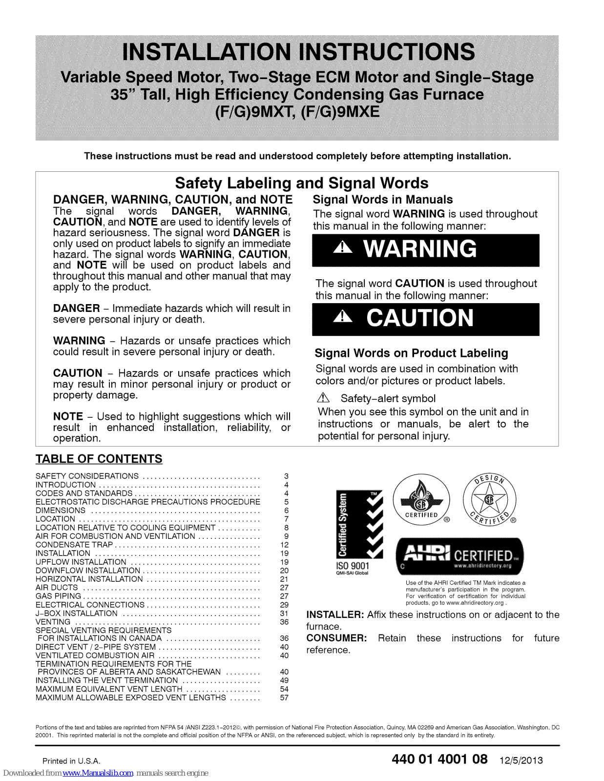 Tempstar G9MXT, F9MXT, G9MXE, F9MXE Installation Instructions Manual - ManualMachine.com